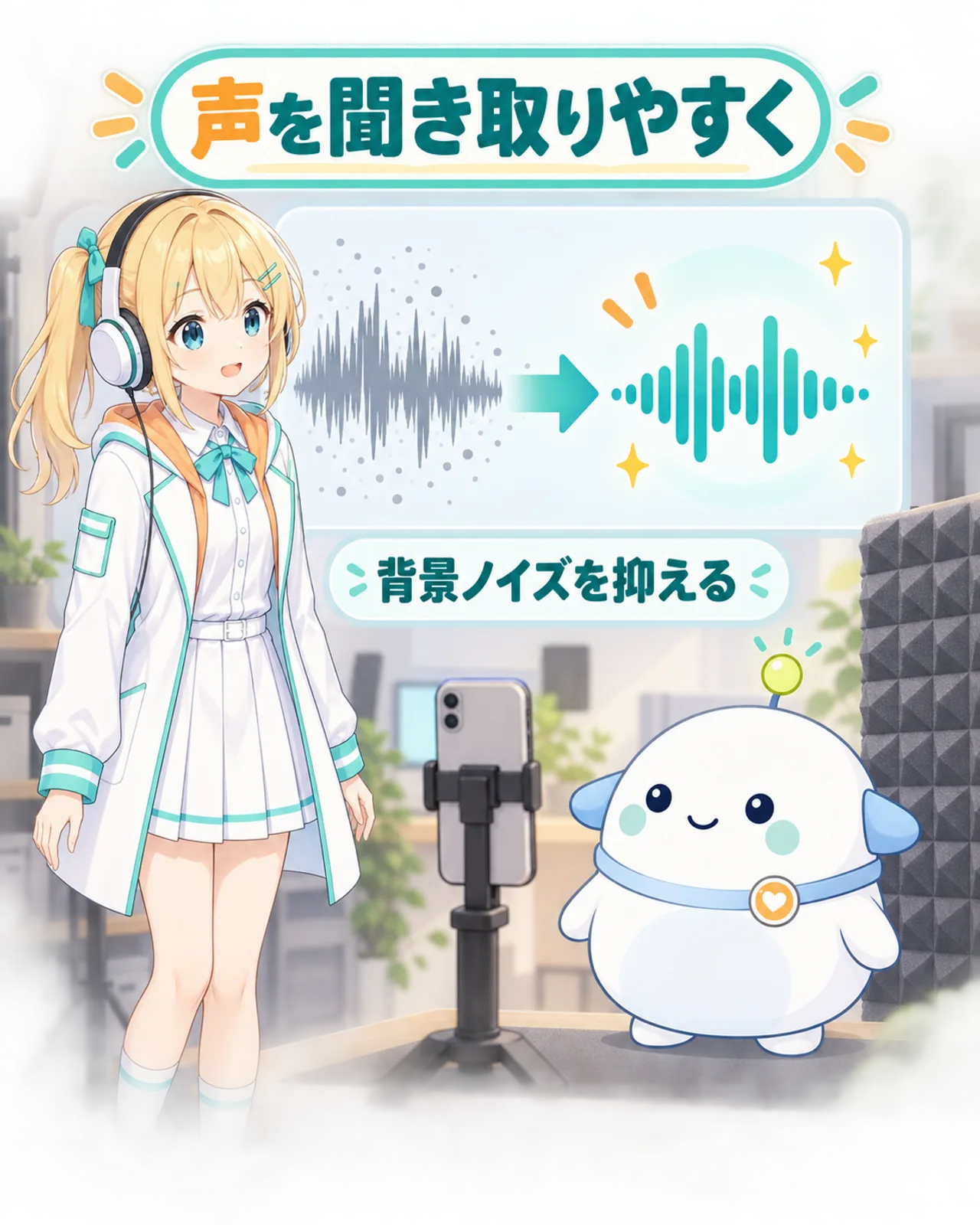 乱れた音声波形から背景ノイズを抑え、声を聞き取りやすくする変化を示す図解