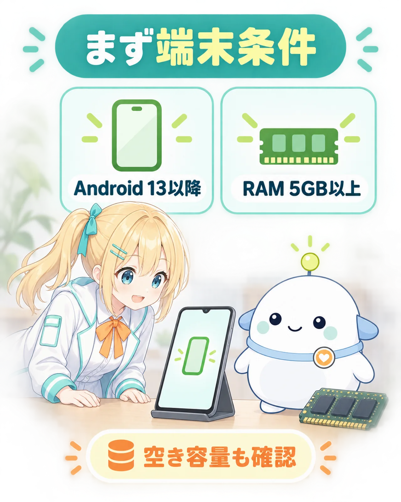 Android 13以降、RAM 5GB以上、空き容量の3点を確認する端末条件の図解