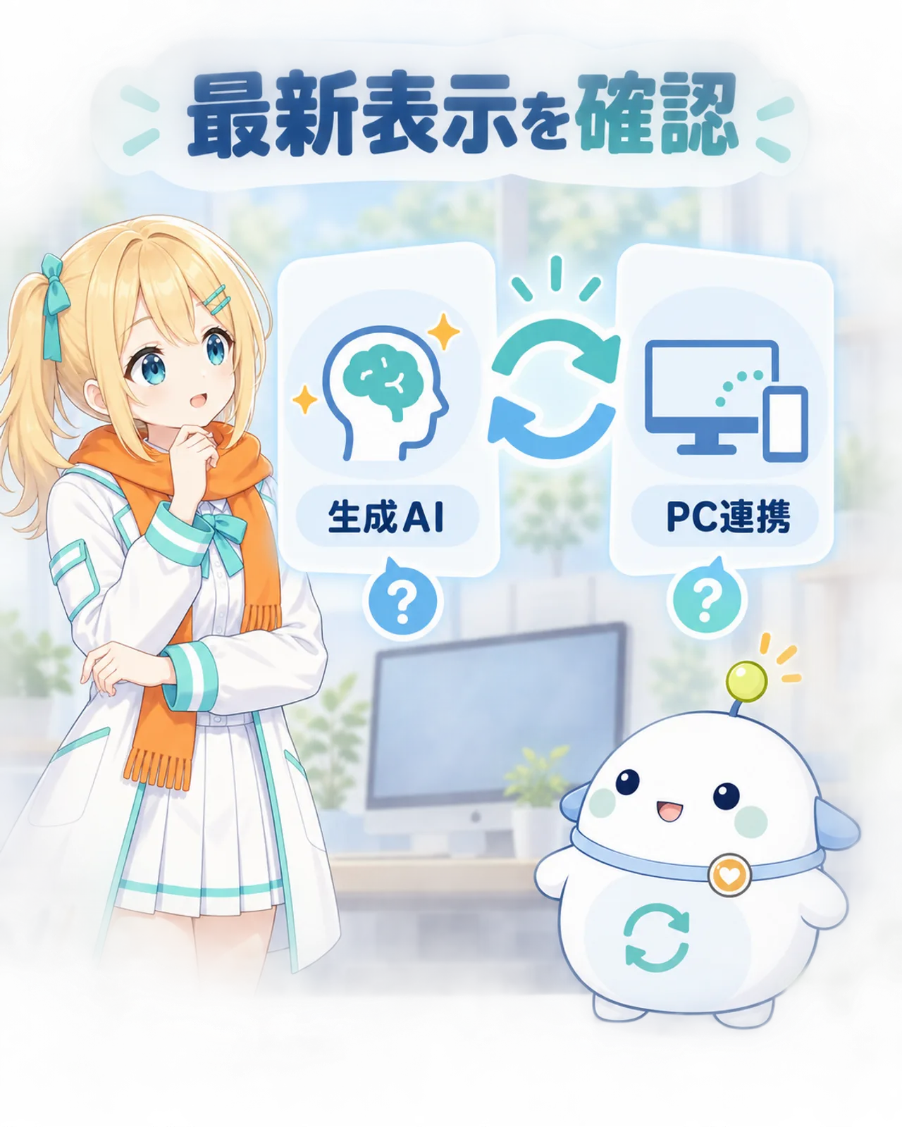 生成AIとパソコン連携は最新のアプリ表示とヘルプで確認する必要があることを示す図解