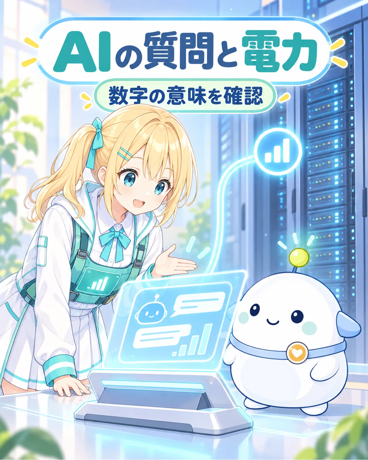 AIの質問とデータセンターの電力を結ぶ図。ひまりが端末を見つめる