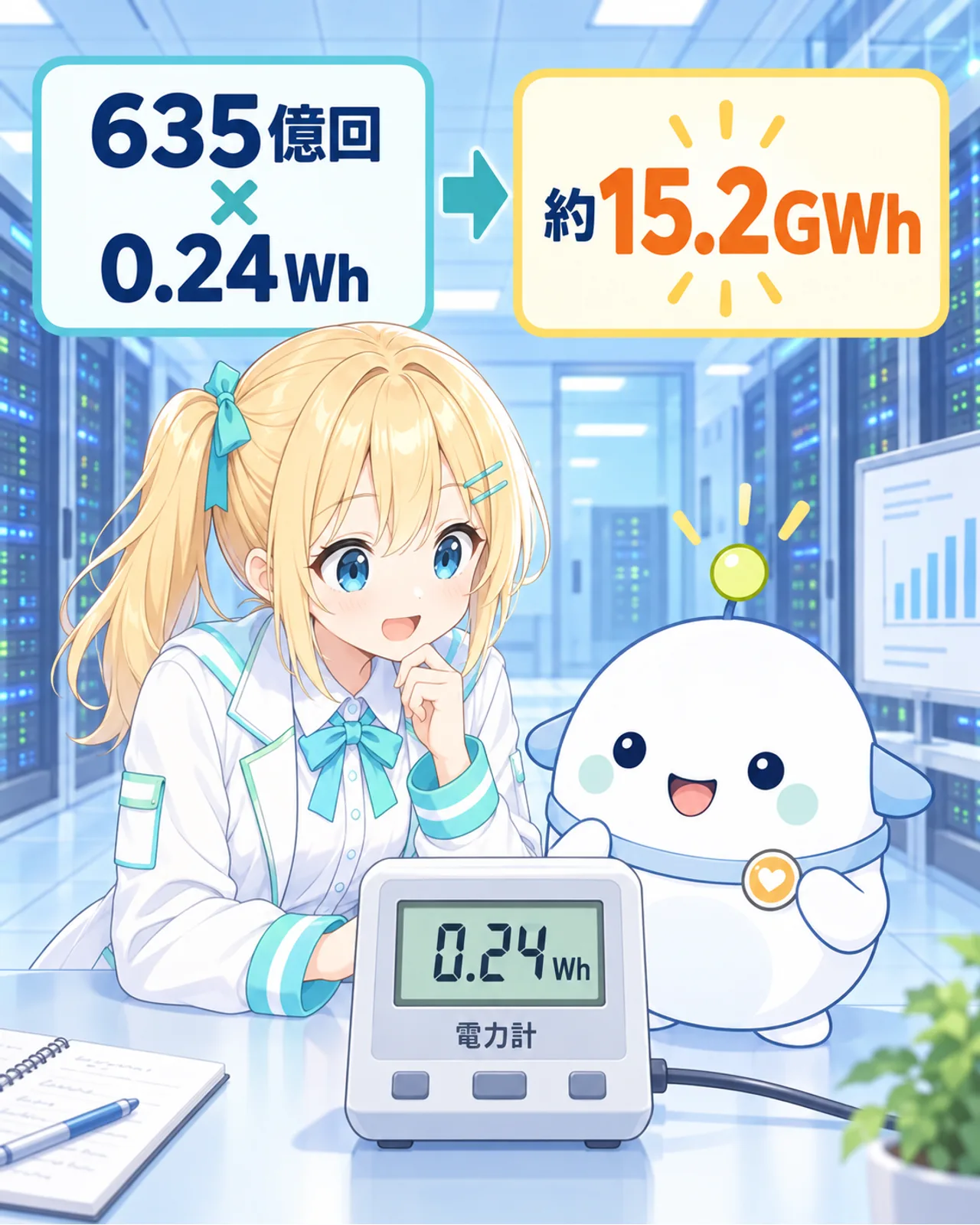 635億回に1回0.24Whを掛けて約15.2GWhを出す計算を示す図