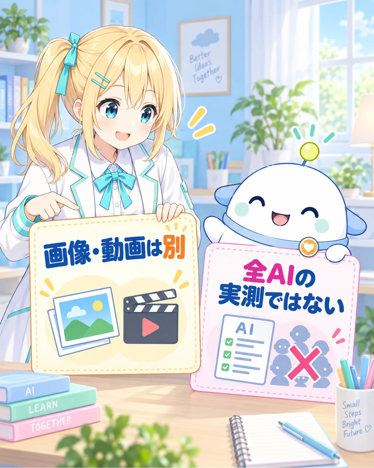 画像や動画の生成は別であり、全AIの実測ではないことを二つのカードで示す図