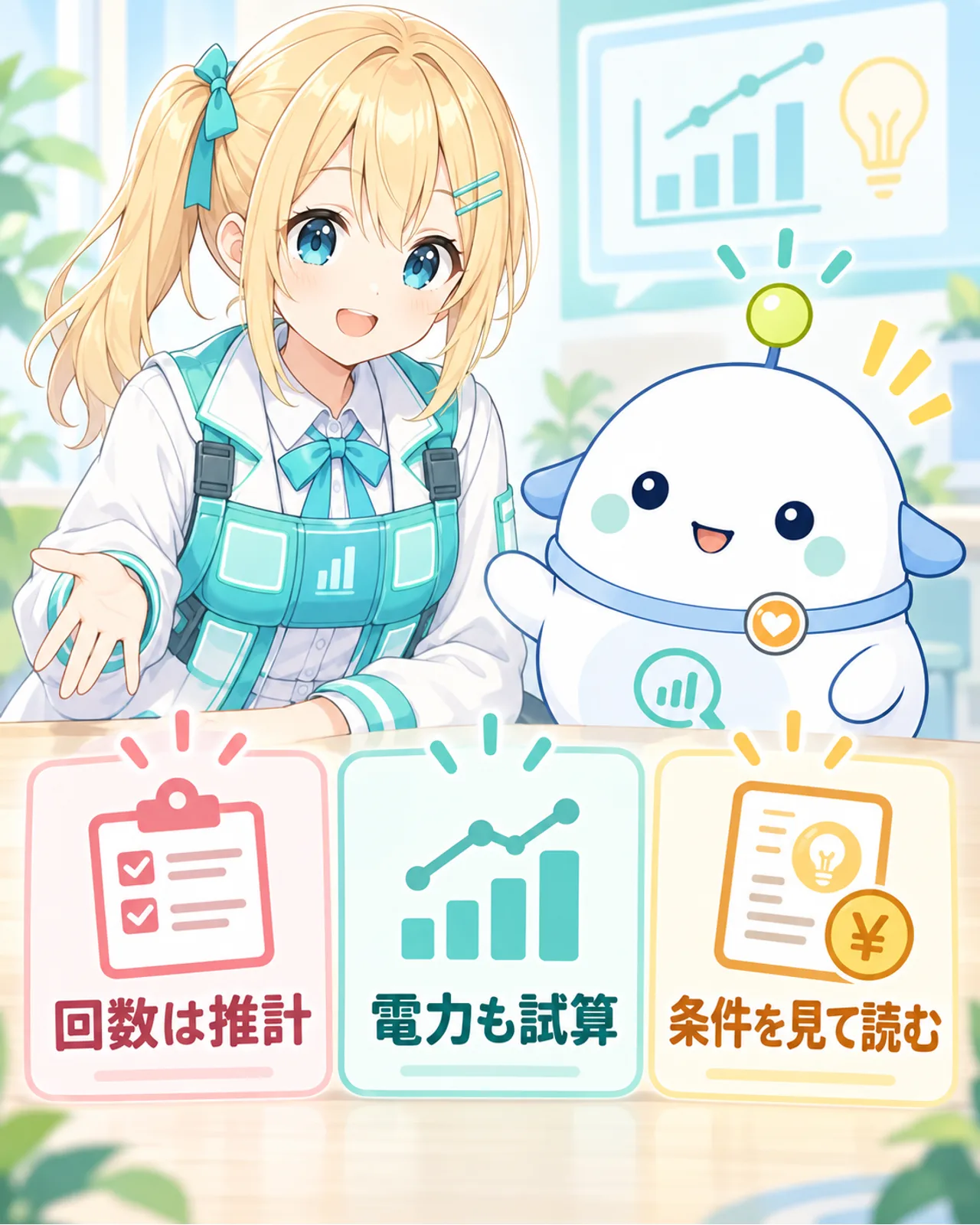 回数は推計、電力も試算、条件を見て読むという三つの要点をひまりとらぼまるが見比べる図