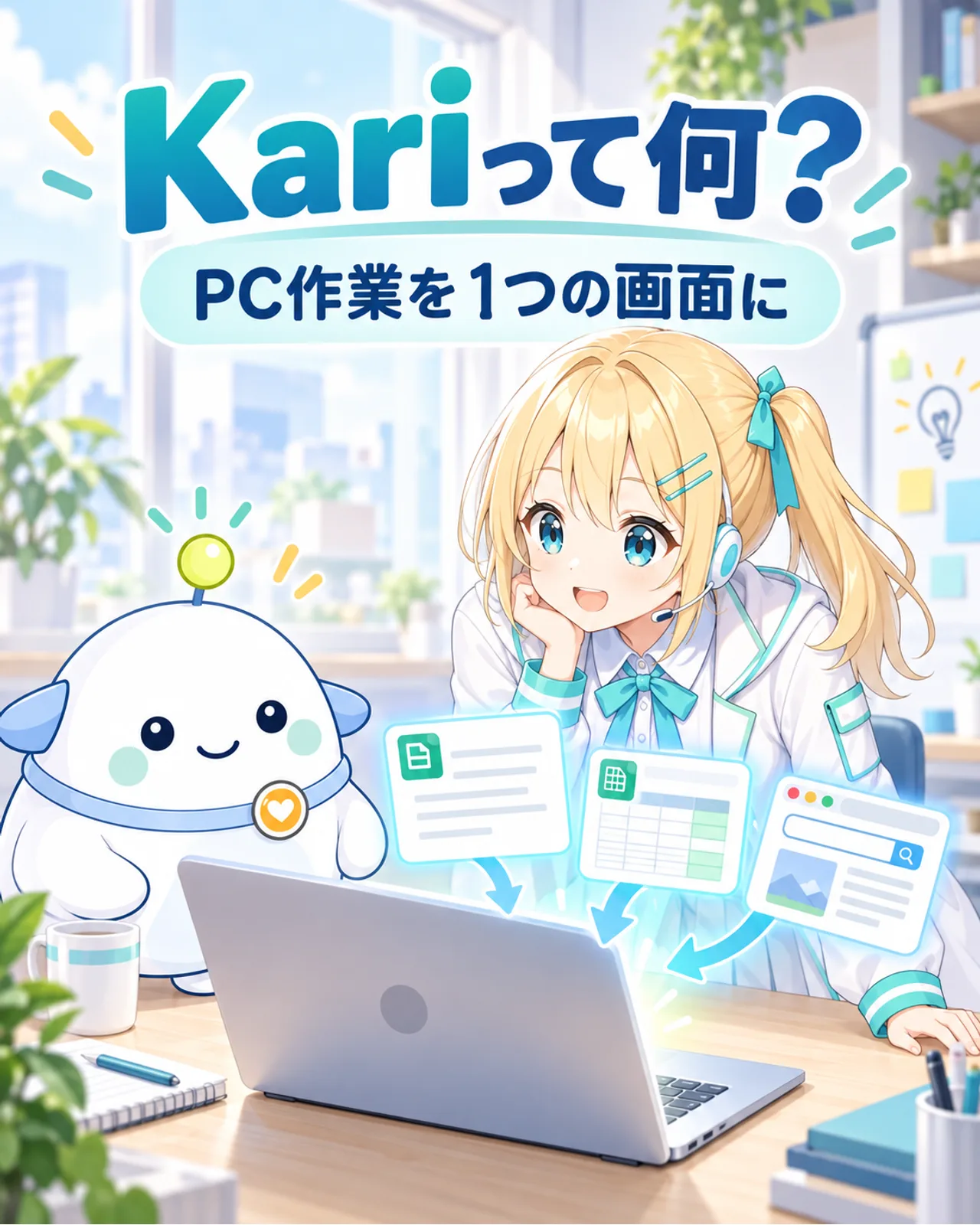 Kariが文書、表、ブラウザーの作業を1つのパソコン画面へまとめることを示す図解