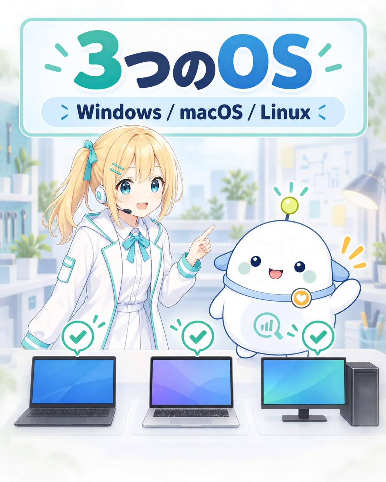 Windows、macOS、Linuxの3つに対応することを、3台のコンピューターで示す図解