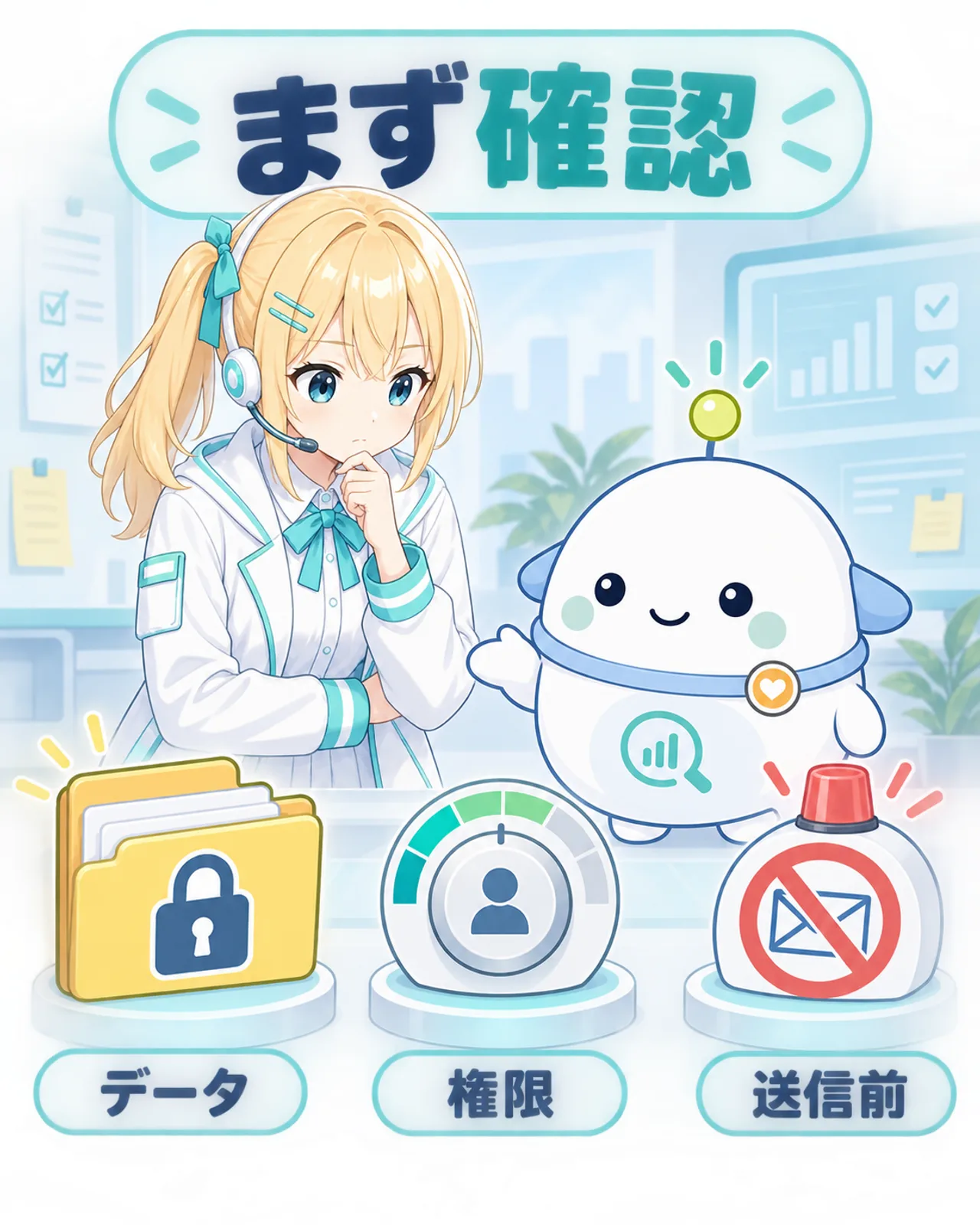 Kariを使う前にデータ、権限、送信前の確認が必要なことを示す図解