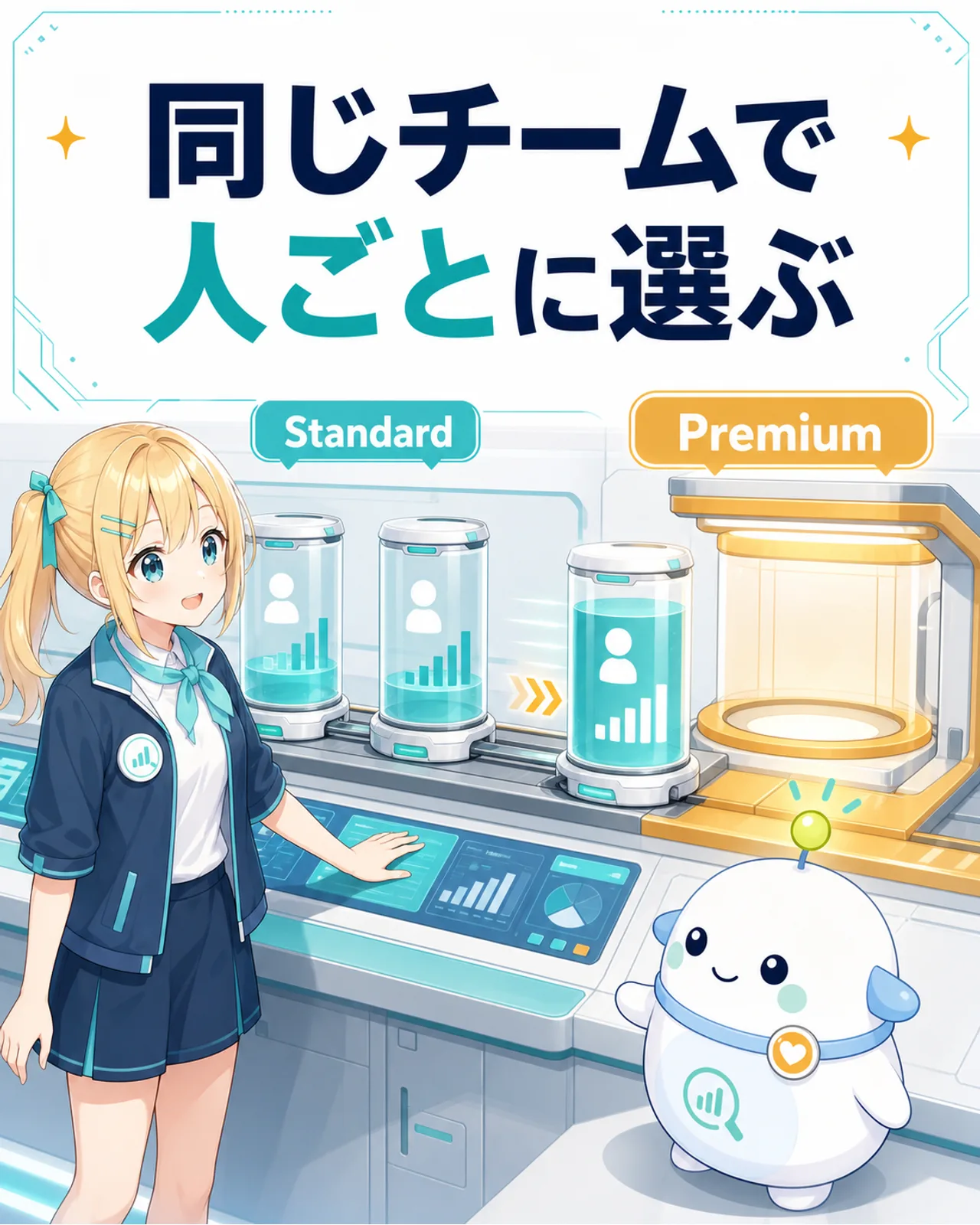 同じチームで人ごとにStandardとPremiumを選ぶ仕組みを、大小の利用タンクで表した図解