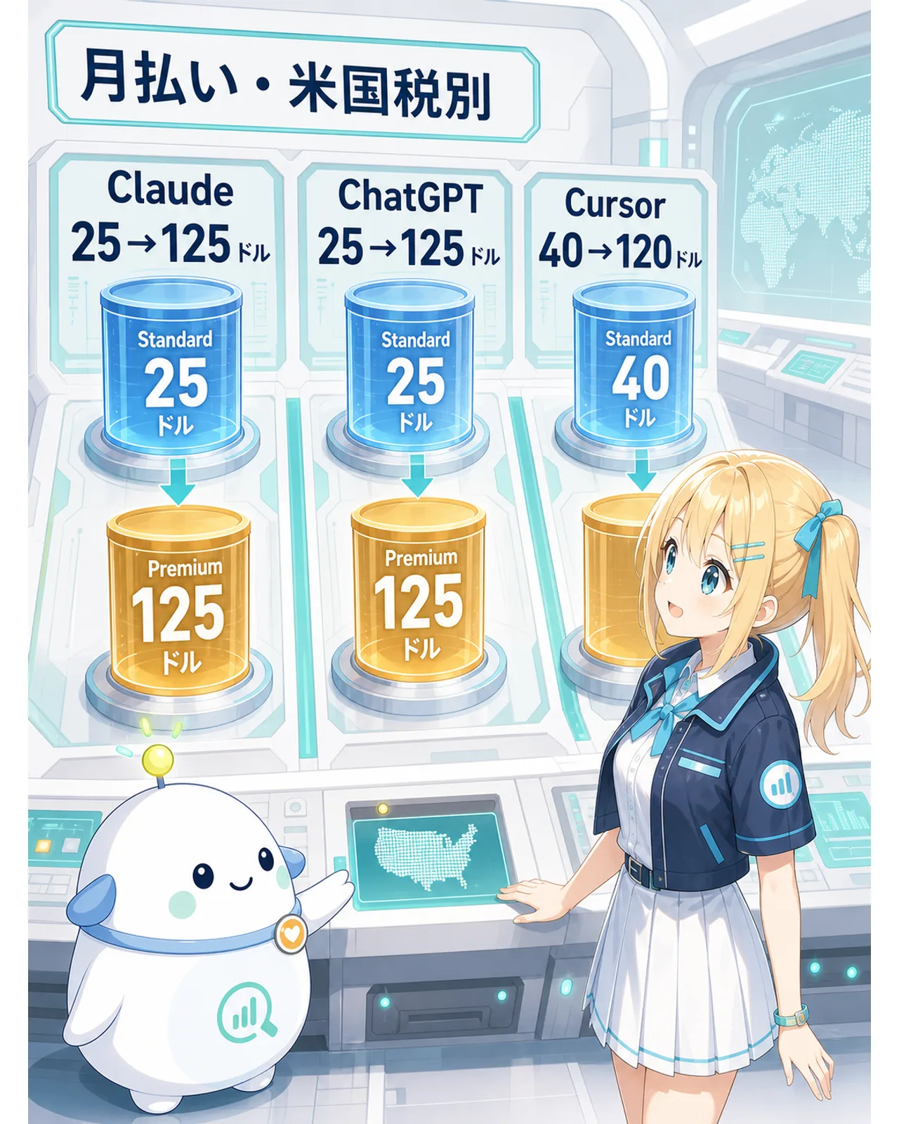 Claude、ChatGPT、CursorのStandardからPremiumへの米国向け税別月額を並べた図解