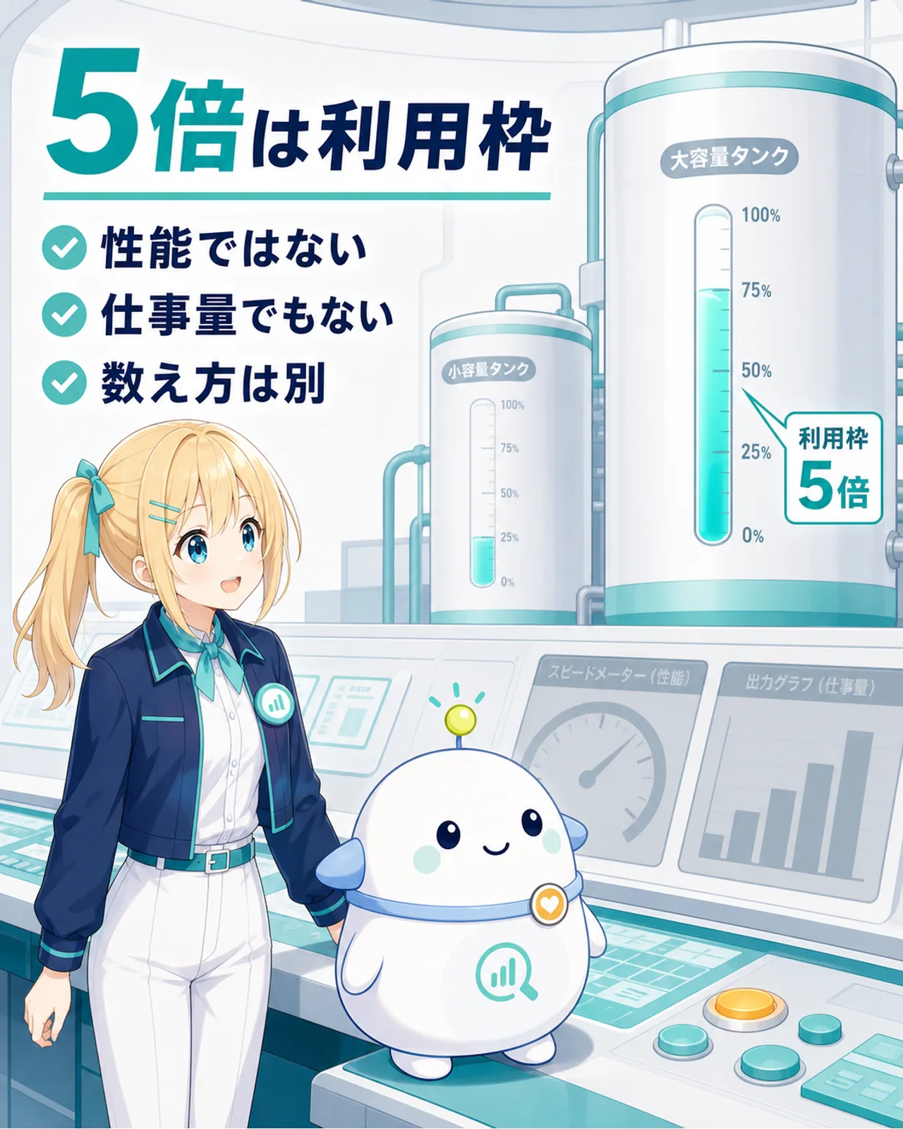 5倍は性能や仕事量ではなく利用枠であり、数え方はサービスごとに異なると示す図解