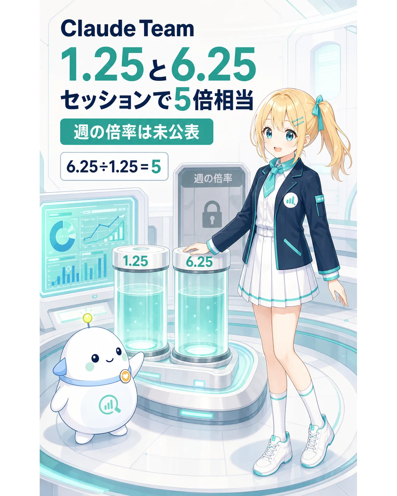 Claude TeamのStandard 1.25とPremium 6.25を割るとセッション単位で5倍相当になり、週の倍率は未公表と示す図解