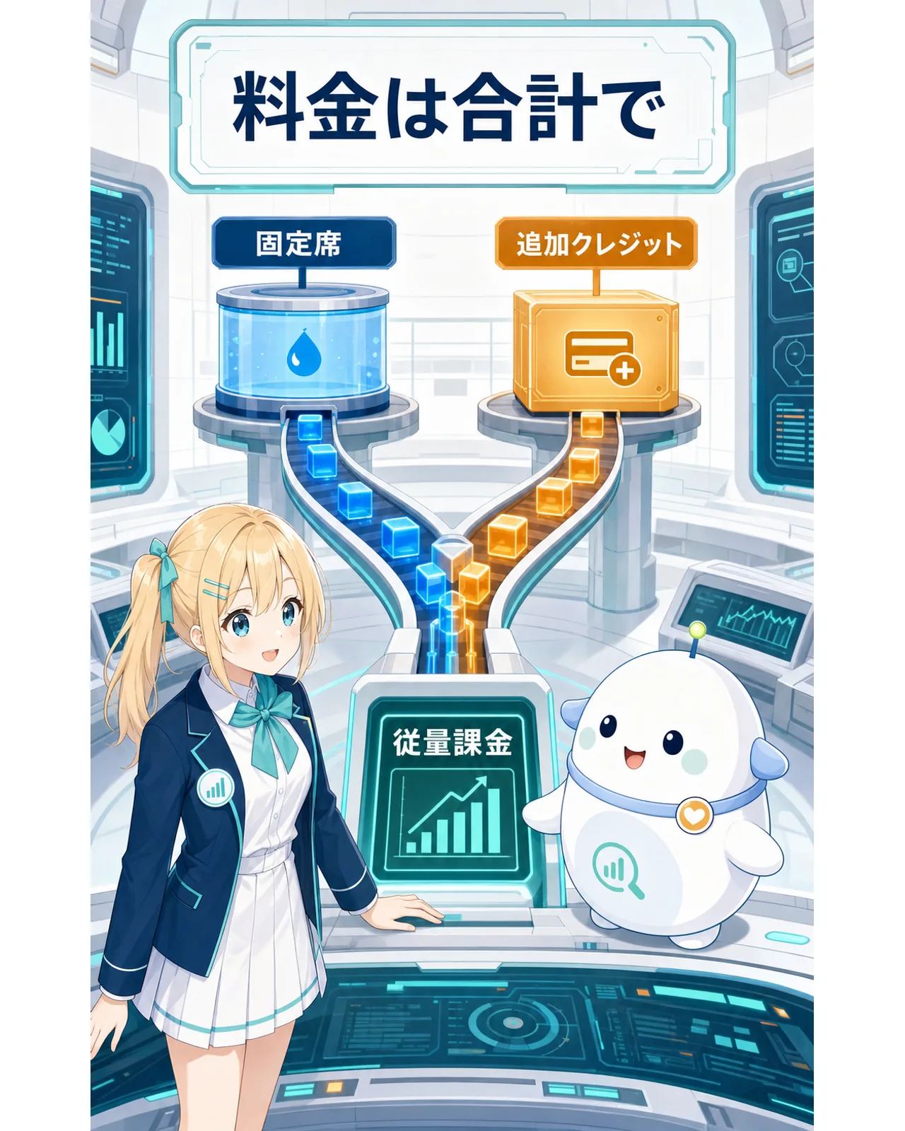 固定席と追加クレジットや従量課金が合流して合計料金になることを示す図解