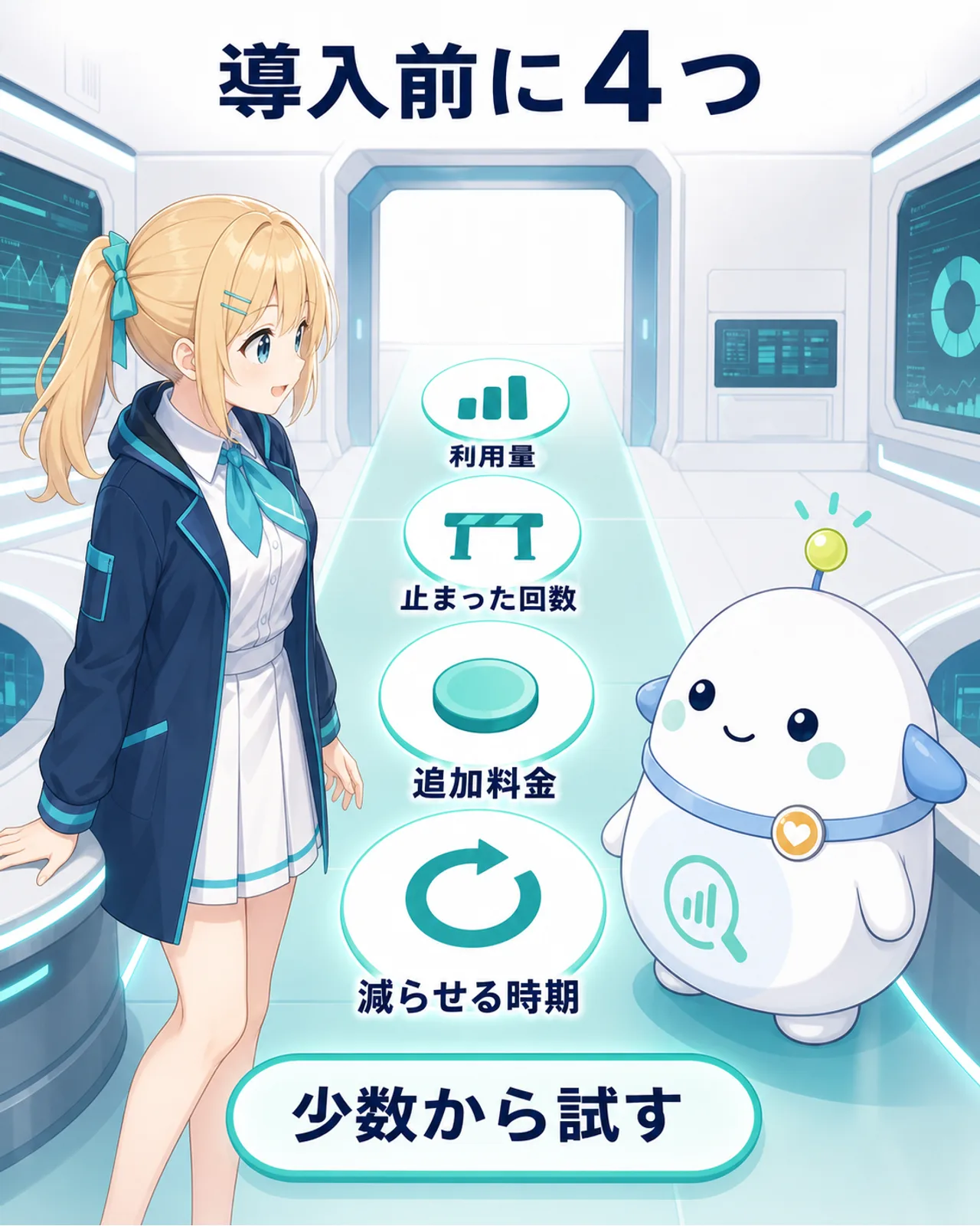 利用量、止まった回数、追加料金、席を減らせる時期の4項目を確認し、少数から試すとまとめた図解