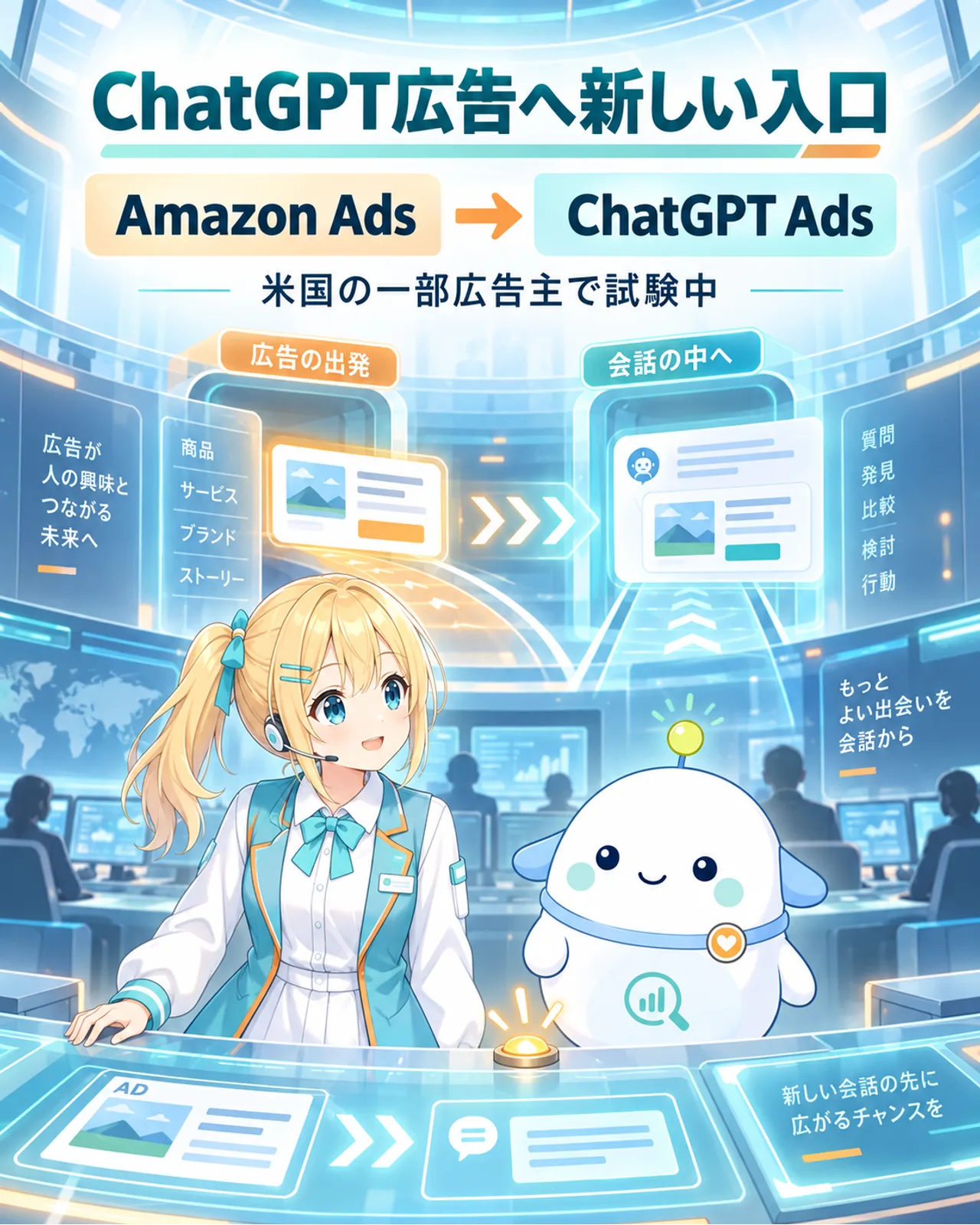 Amazon AdsからChatGPT Adsへ広告を広げる経路が、米国の一部広告主向けに試験中であることを示す図