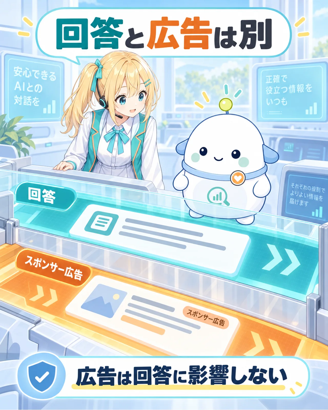 通常の回答レーンとスポンサー広告レーンを上下に分け、広告は回答へ影響しないと示す図