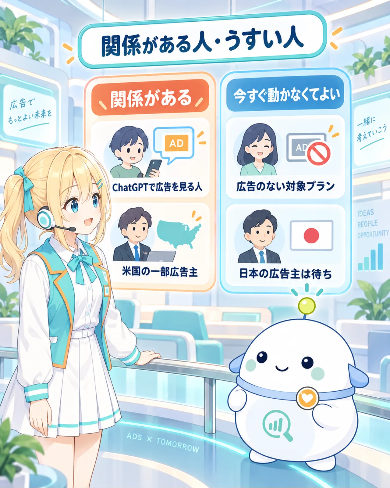 ChatGPTで広告を見る人と米国の一部広告主は関係があり、広告のない対象プラン利用者と日本の広告主は今すぐ動かなくてよいと示す図