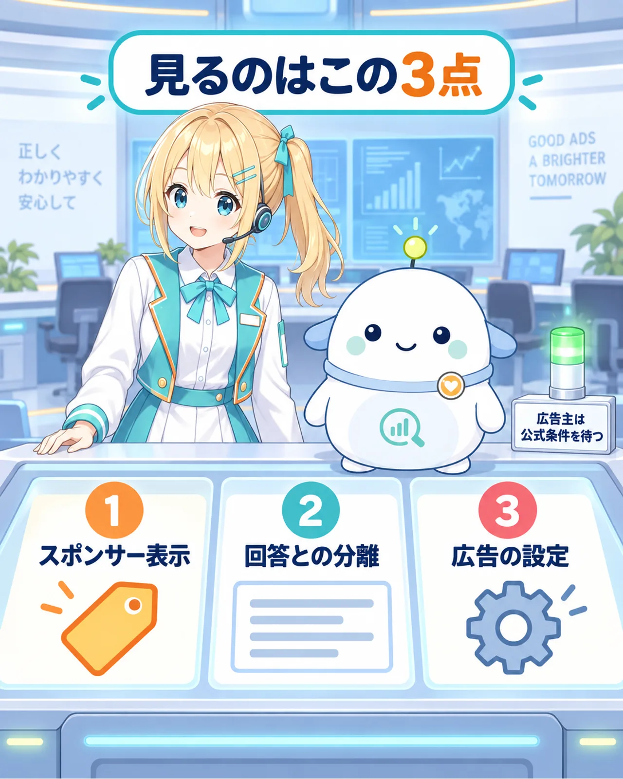 スポンサー表示、回答との分離、広告設定の3点を確認し、広告主は公式条件を待つと示す図