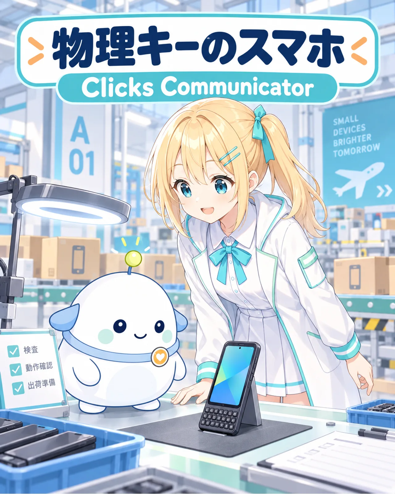 物理キーボードを画面下に備えた小型AndroidスマホClicks Communicatorを、出荷ハンガーでひまりとらぼまるが確認する図解