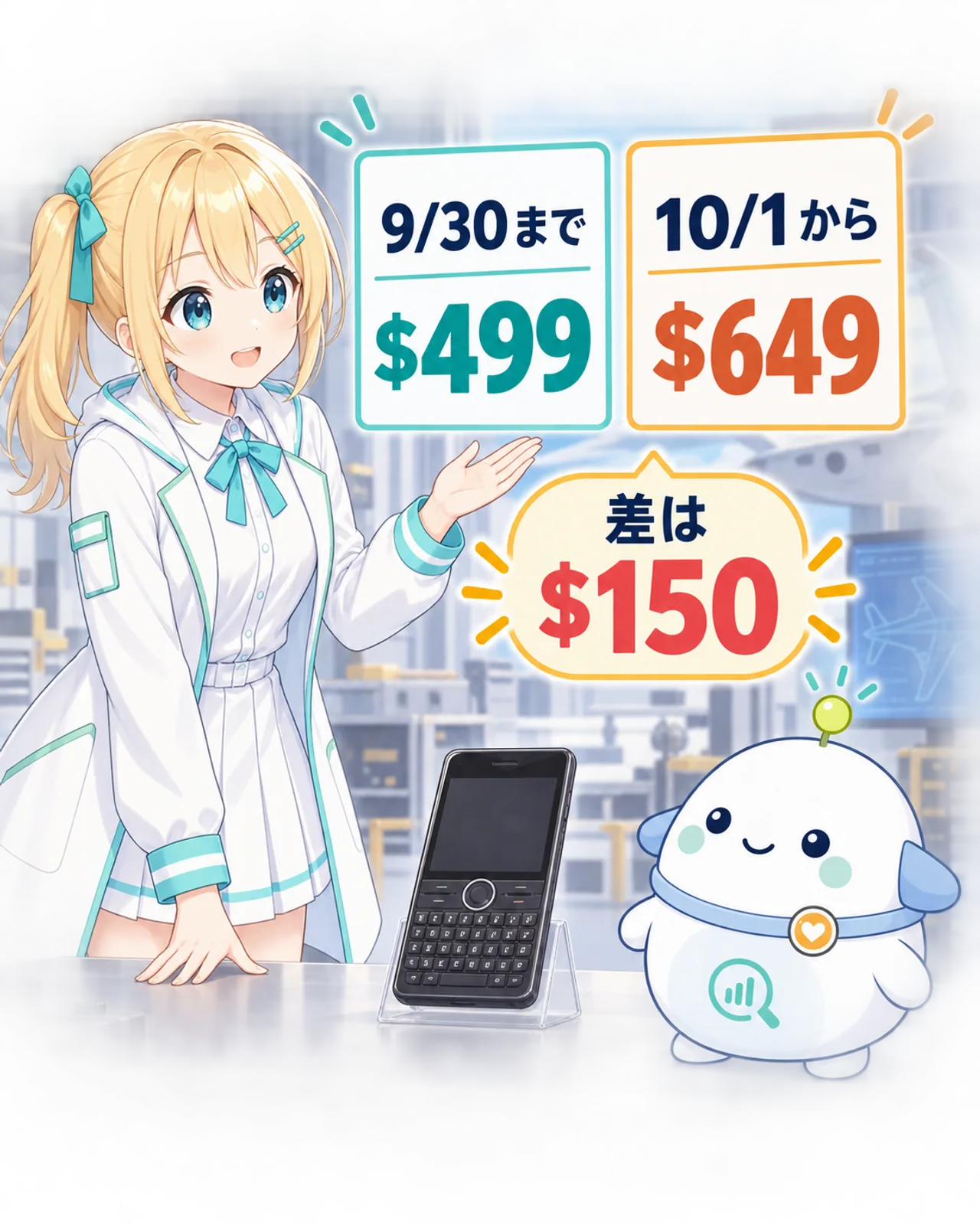 9月30日まで499米ドル、10月1日から649米ドル、差額150米ドルを示す図解