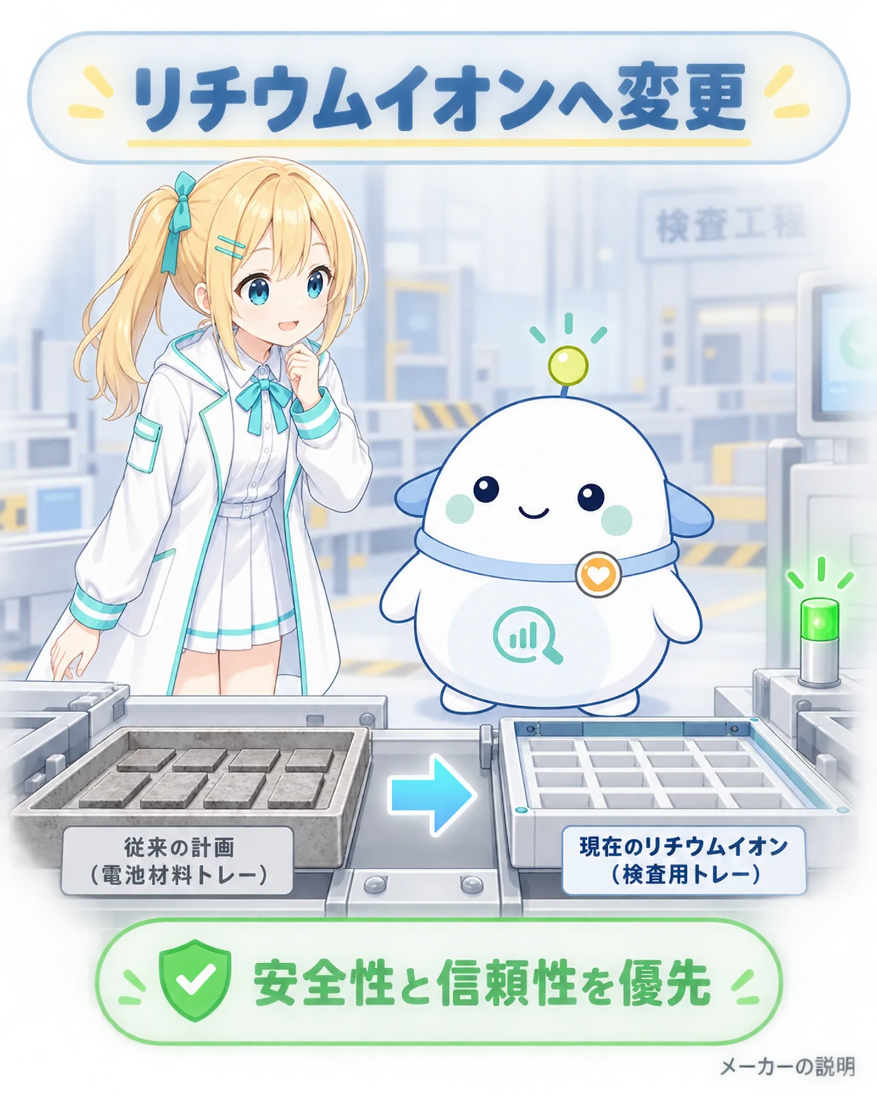 電池材料をリチウムイオンへ変更し、安全性と信頼性を優先したというメーカー説明を示す図解