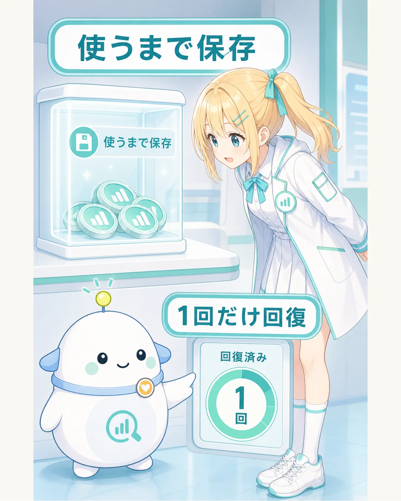 保存ケースにたまる回復権をひまりが見比べ、1回の適用で1回だけ利用枠を回復することを示す図