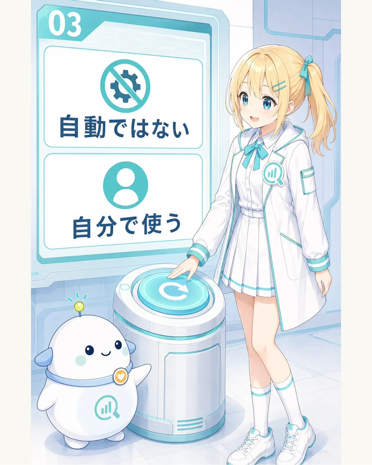 自動ではない、自分で使う、という違いをひまりが回復ボタンで示す図
