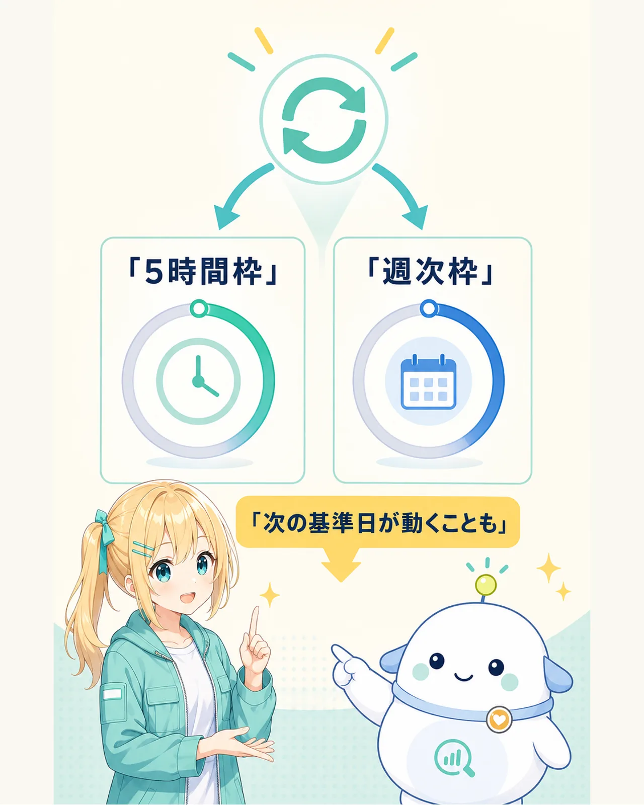 5時間枠と週次枠が更新され、次の週次リセットの基準日が動く場合があることを示す図