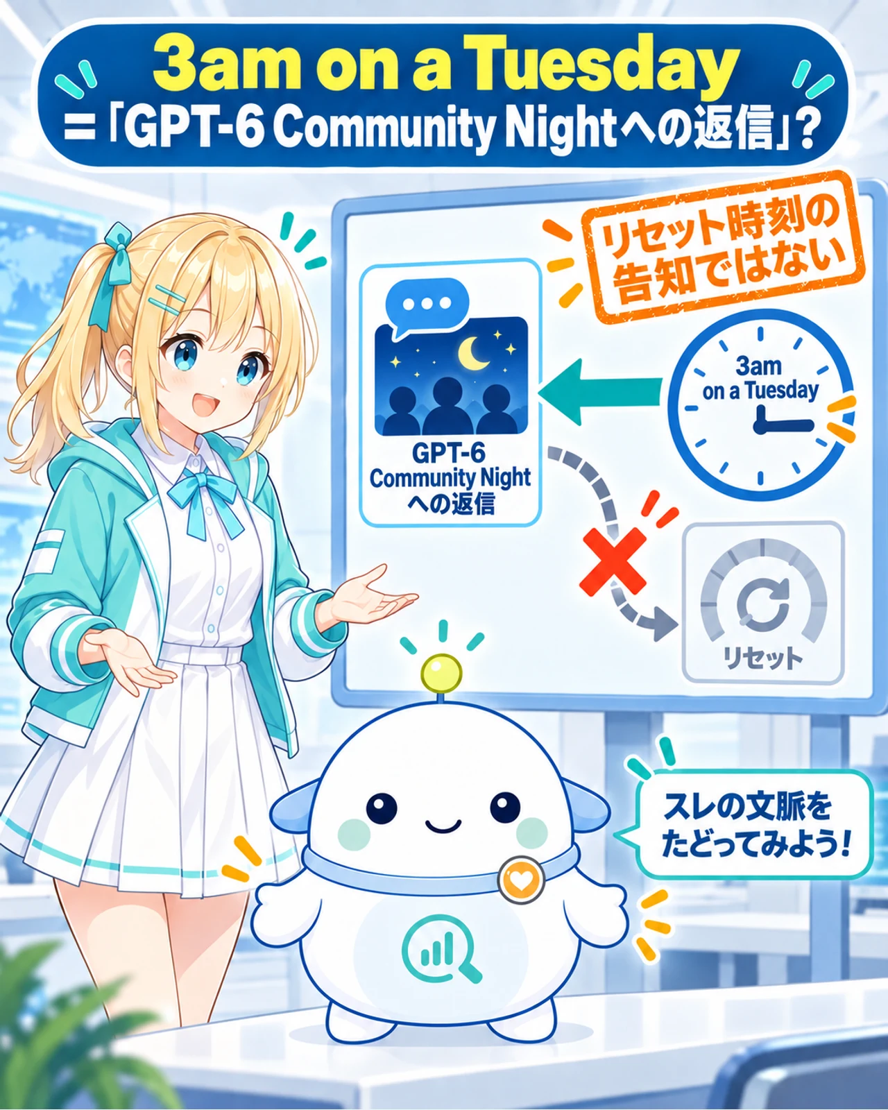 3am on a TuesdayはGPT-6 Community Nightへの返信で、リセット時刻の告知ではないことを示す図