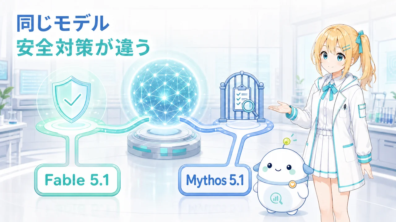 同じ基礎モデルから、一般向けのFable 5.1と審査制のMythos 5.1へ安全対策の違いで分かれることを示す図