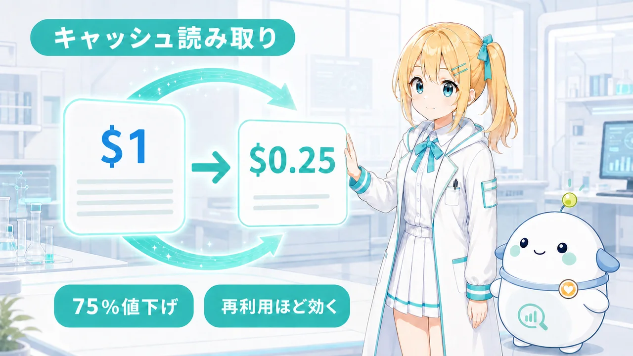 キャッシュ読み取り料金が100万トークン当たり1ドルから0.25ドルへ下がり、再利用が多い処理ほど効果が大きいことを示す図