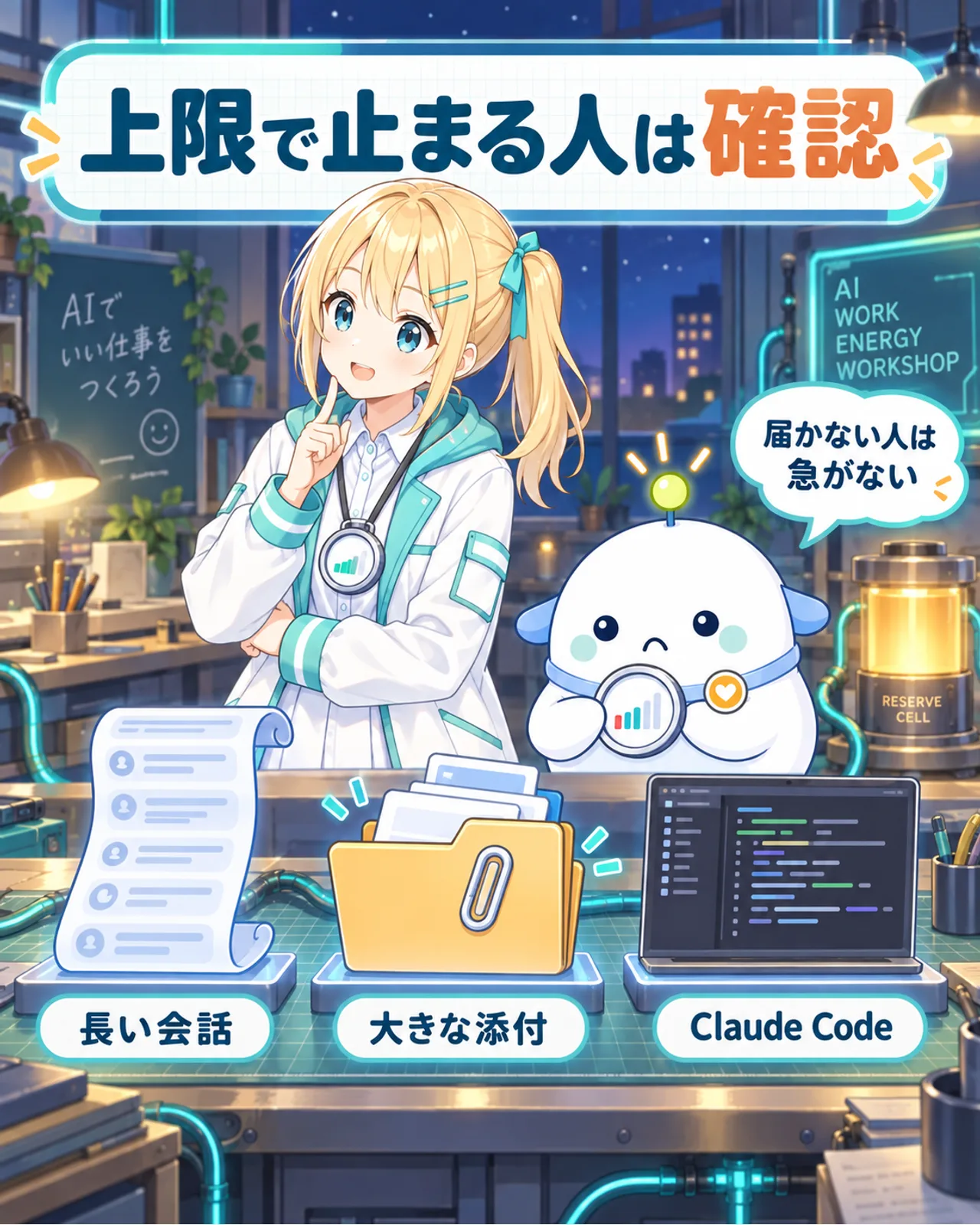 長い会話、大きな添付ファイル、Claude Codeを使う人は利用上限を確認し、上限へ届かない人は急がなくてよいと示す図解