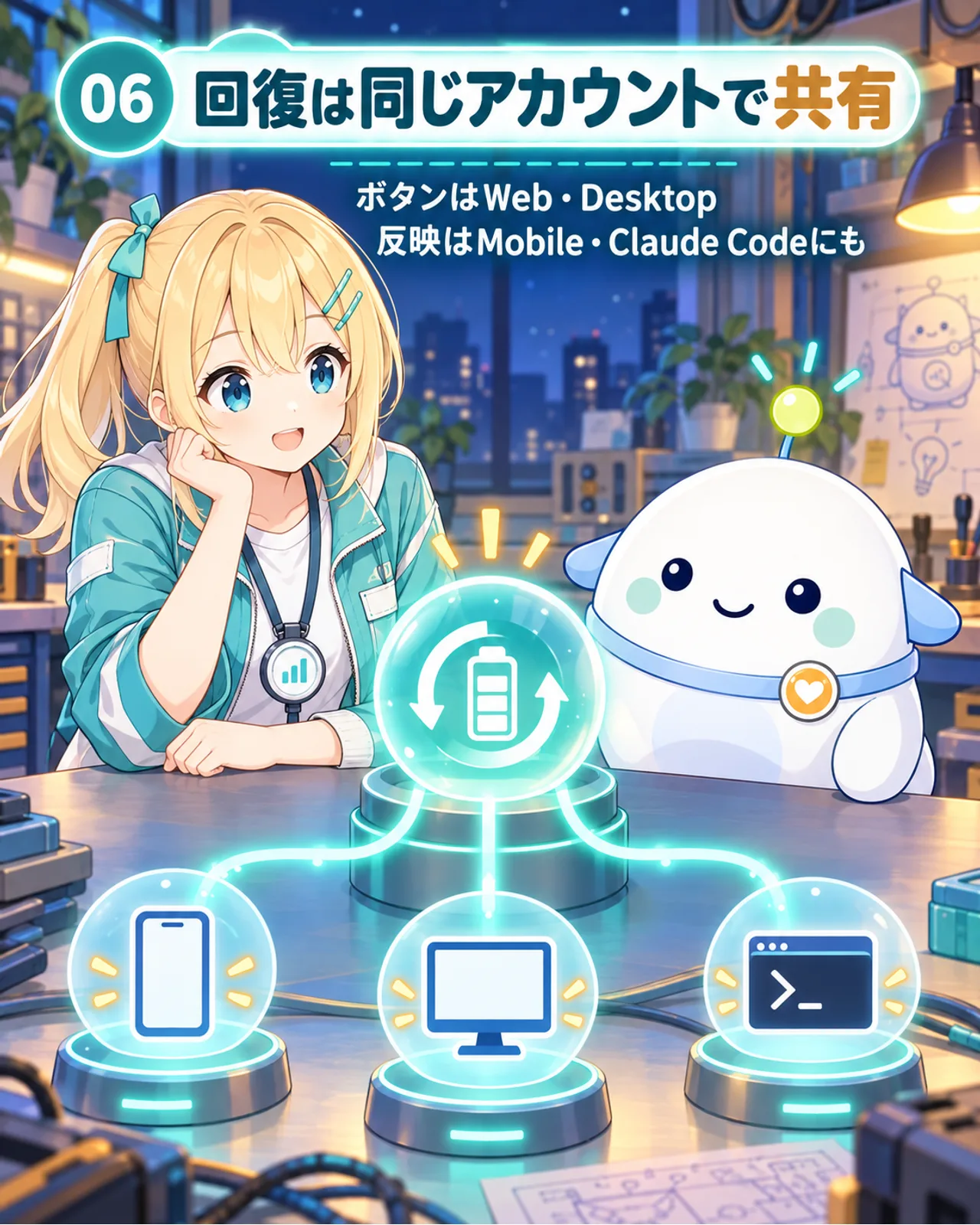 WebまたはDesktopでリセットすると、同じアカウントのMobileとClaude Codeにも回復が反映されることを3つの端末で示す図解