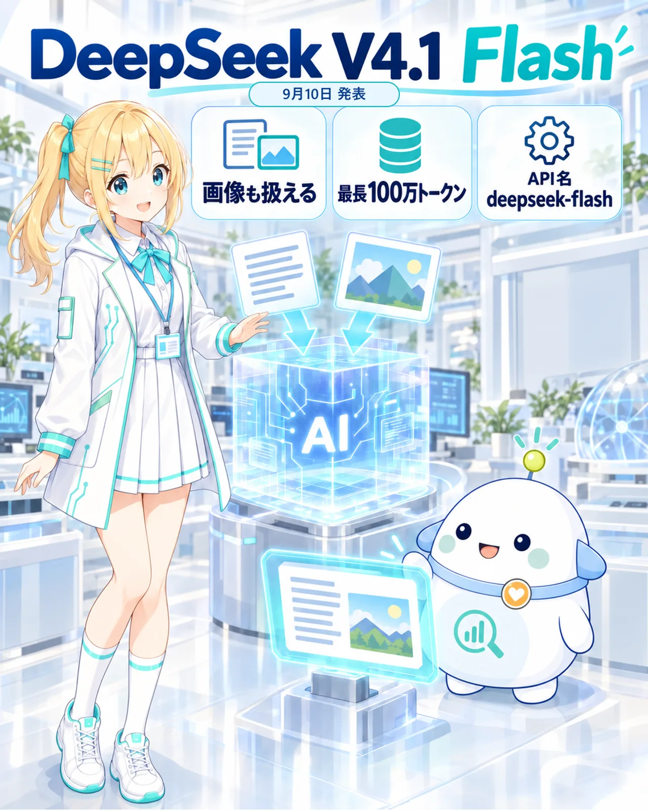 DeepSeek V4.1 Flashの概要。9月10日発表、画像も扱える、最長100万トークン、API名はdeepseek-flashと整理した図