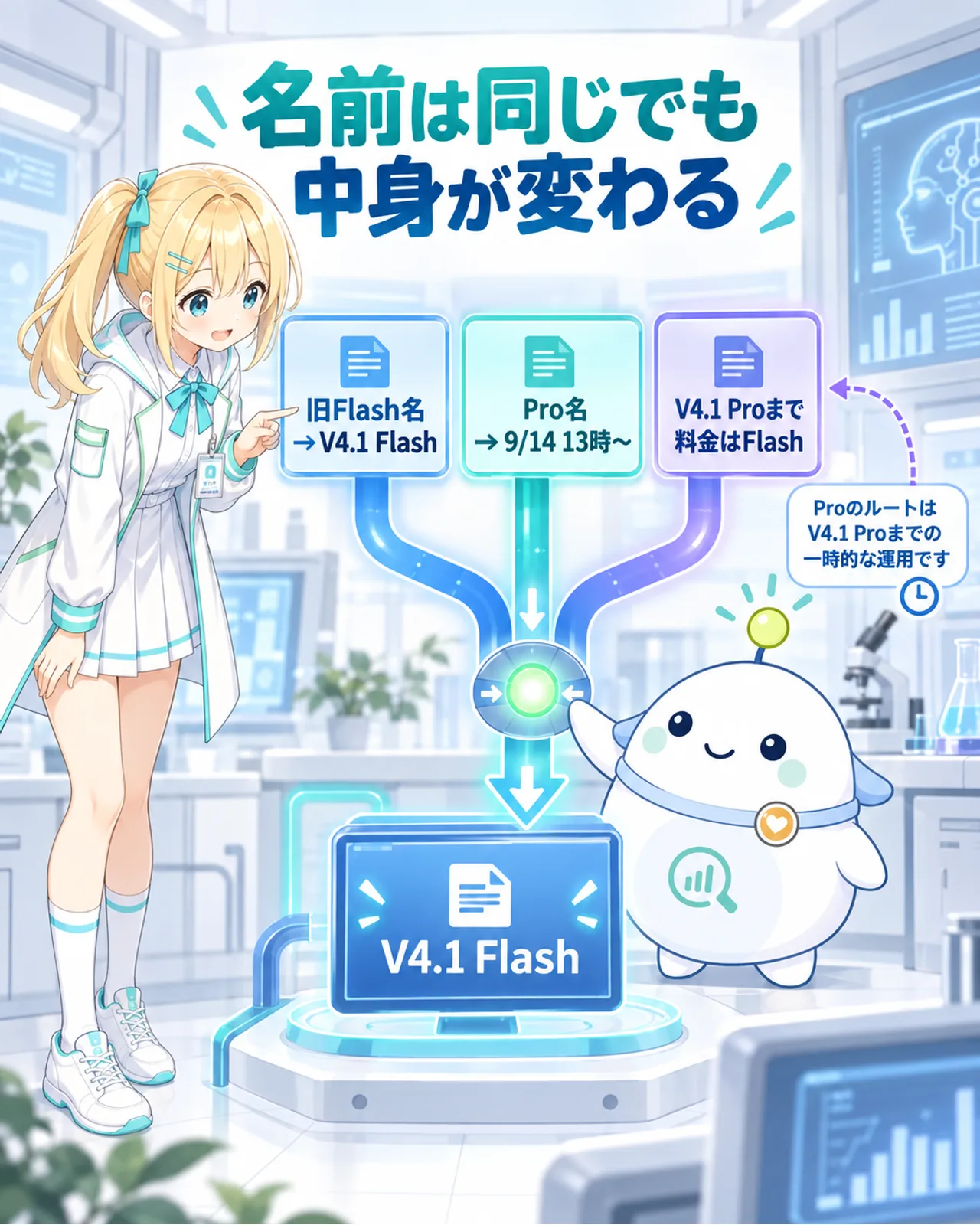 DeepSeekのモデル名の振り分け。deepseek-flashと旧Flash名はV4.1 Flashへ、9月14日13時以降はV4.1 Pro公開までdeepseek-v4-proもV4.1 Flashへつながる