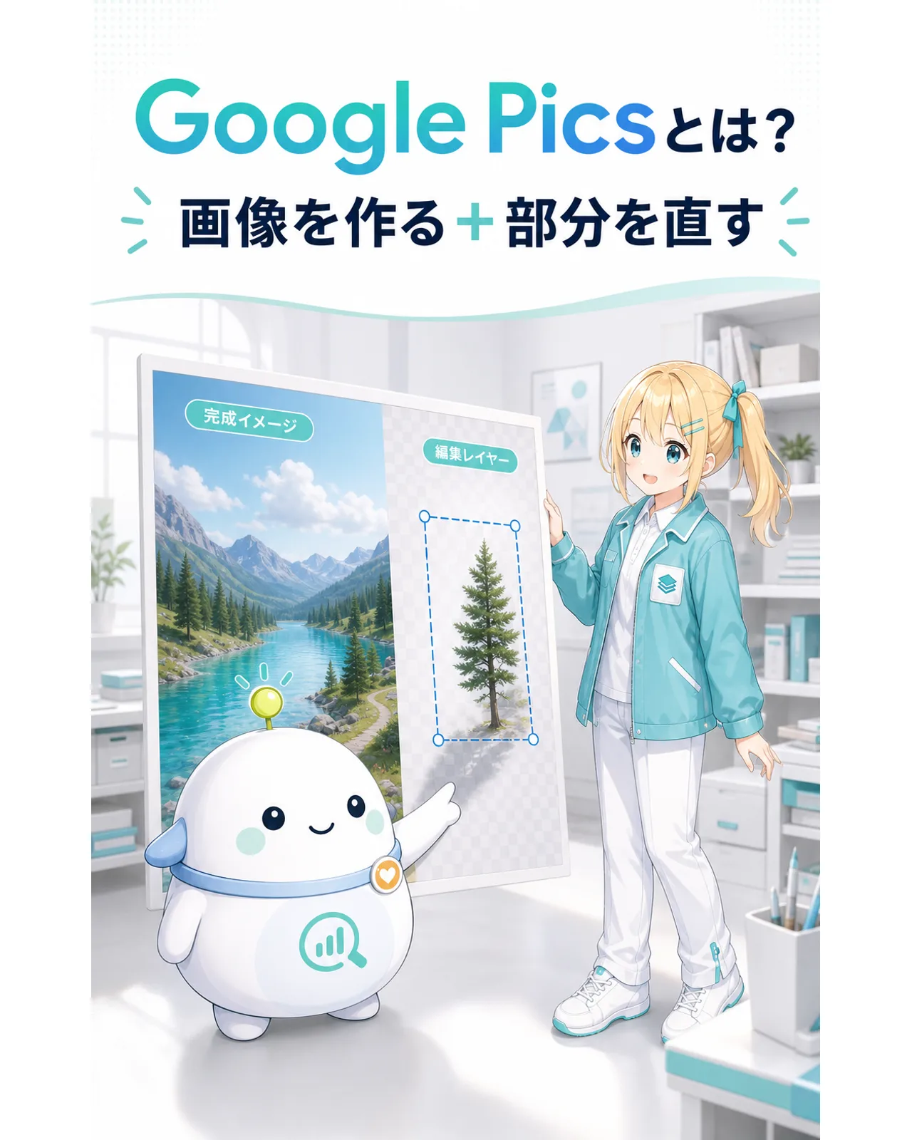Google Picsは画像を作る機能と部分を直す機能を備えると説明する図解