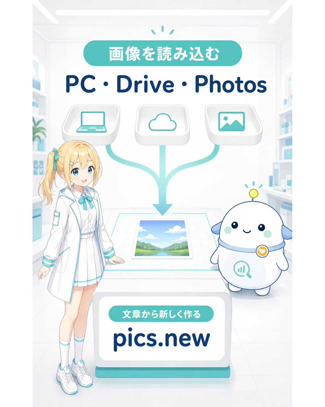 PC、Drive、Photosから画像を読み込む方法と文章から新しく作る方法を示す図解