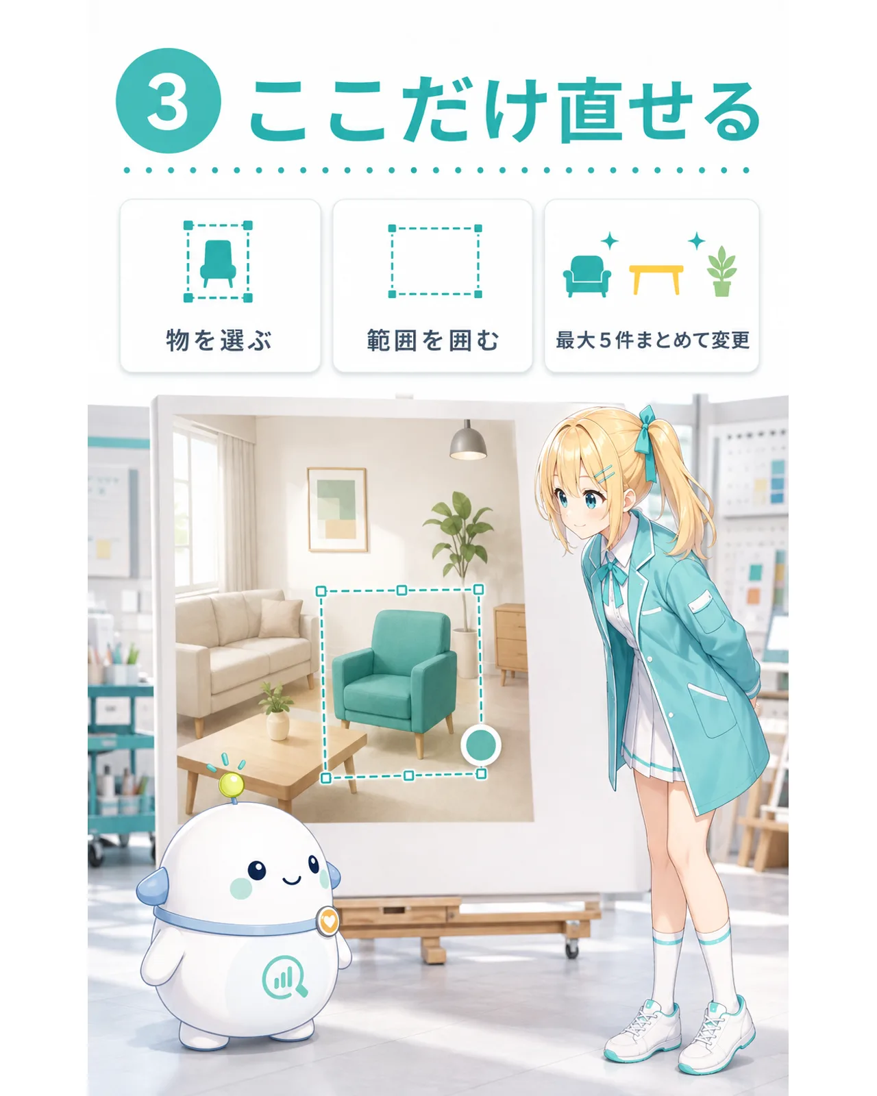 部屋の画像から椅子だけを選ぶ方法と範囲を囲む方法、最大5件の変更を示す図解