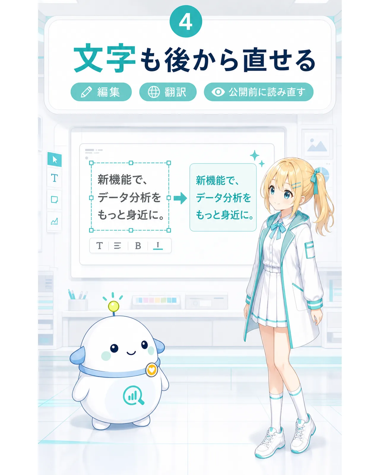 画像内の文字を編集・翻訳できることと公開前の読み直しを案内する図解