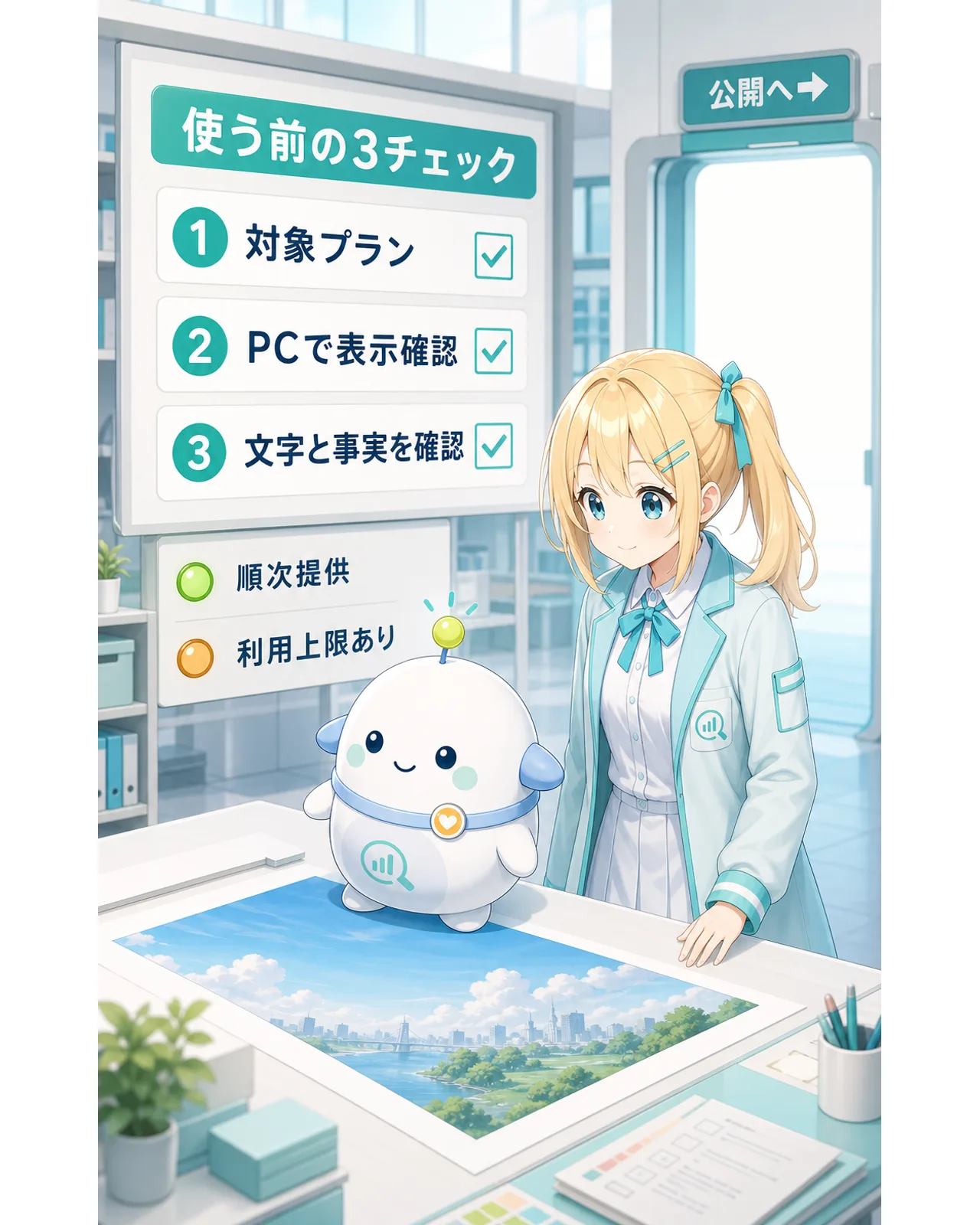 対象プラン、PCでの表示、文字と事実の確認という3項目を示す図解