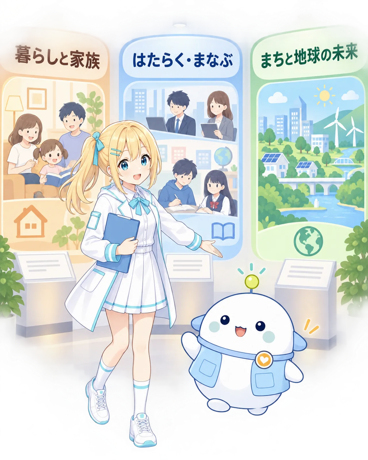 3つの募集部門をひまりとらぼまるが展示室で確認する図。家庭、仕事や学び、地域と環境の3部門がある。
