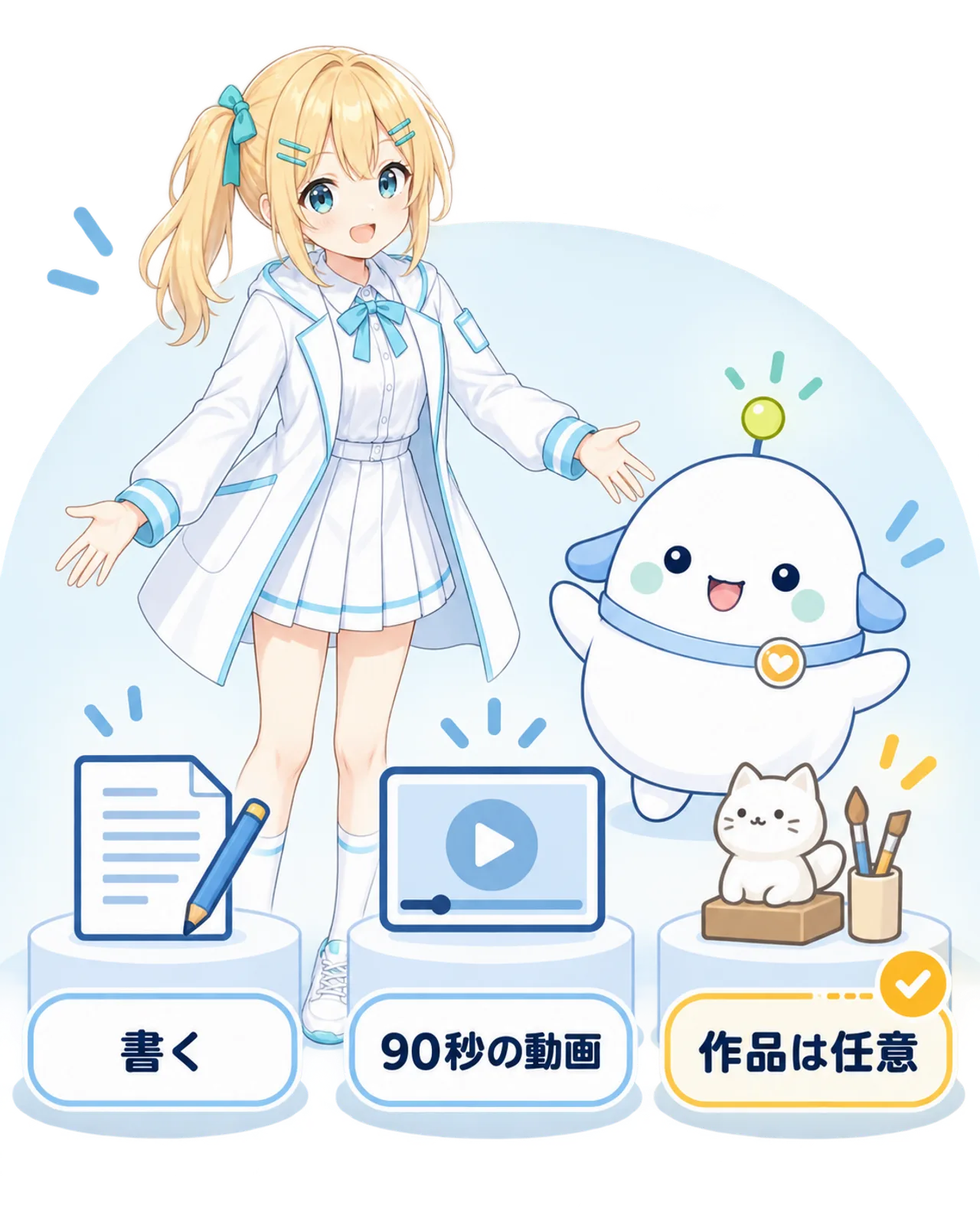 提出物の概要をひまりとらぼまるが展示室で確認する図。エントリーシートと90秒以内のデモ動画。成果物の提出は任意。
