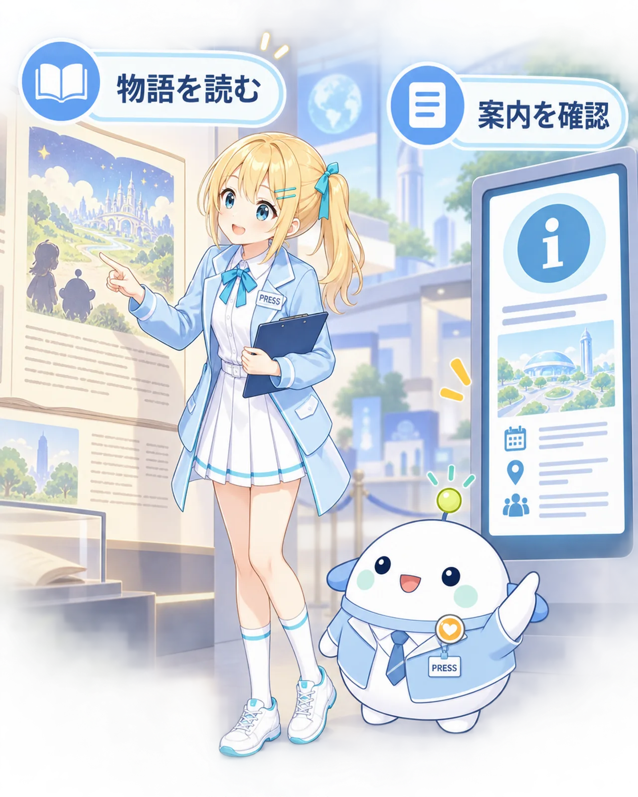 今できることをひまりとらぼまるが展示室で確認する図。今は物語を読める。応募を考える人は公式の続報を確認する。