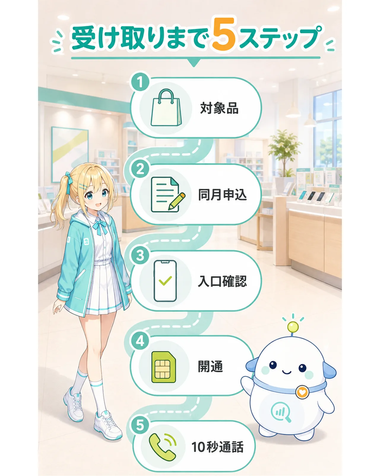 対象iPhone購入から同月申込、クーポン確認、開通、10秒通話までの5条件を示す図解
