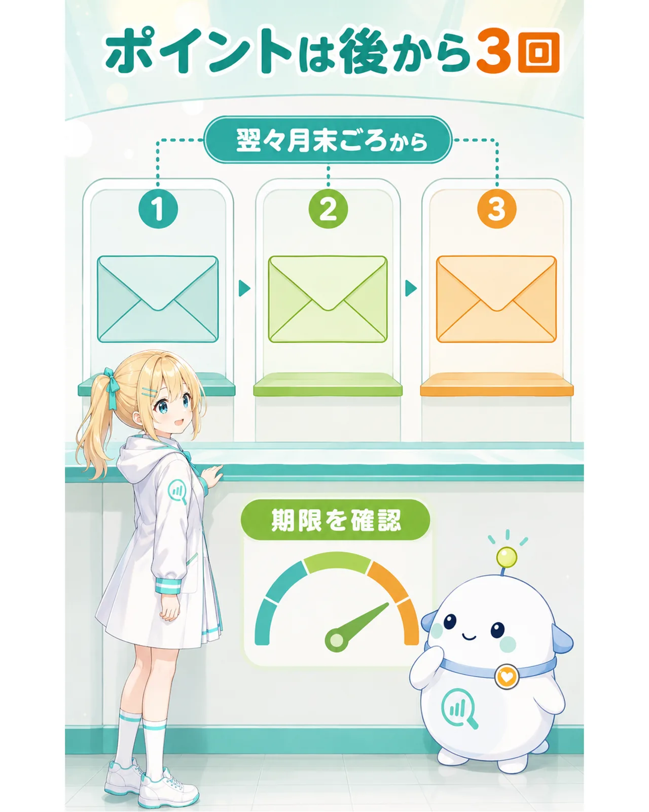 条件達成の翌々月末からポイントが3回に分かれて届き、有効期限を確認する必要があると示す図解
