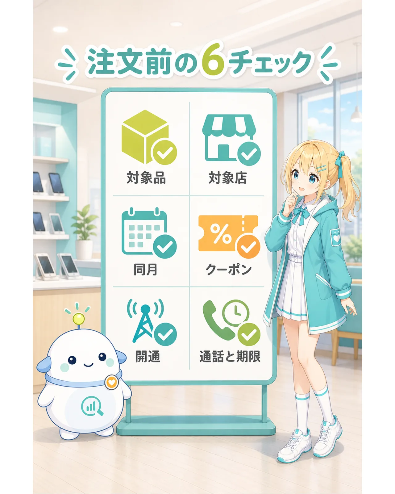 対象商品、対象ショップ、同月申込、クーポン、開通、10秒通話と期限確認の6項目を示す図解