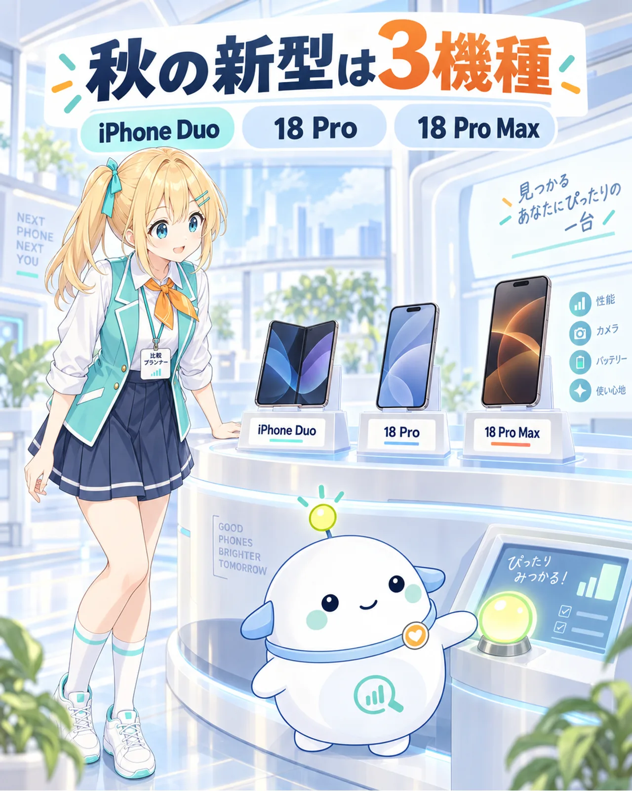2026年秋の新型としてiPhone Duo、18 Pro、18 Pro Maxの3機種が並ぶ図解