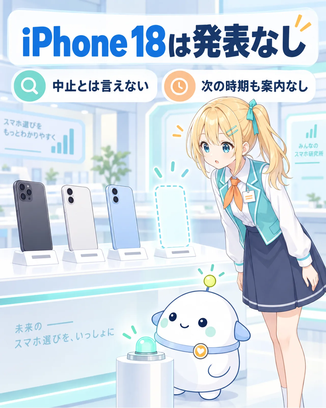 iPhone 18は発表されていないが、中止とも次の時期とも案内されていないことを示す図解