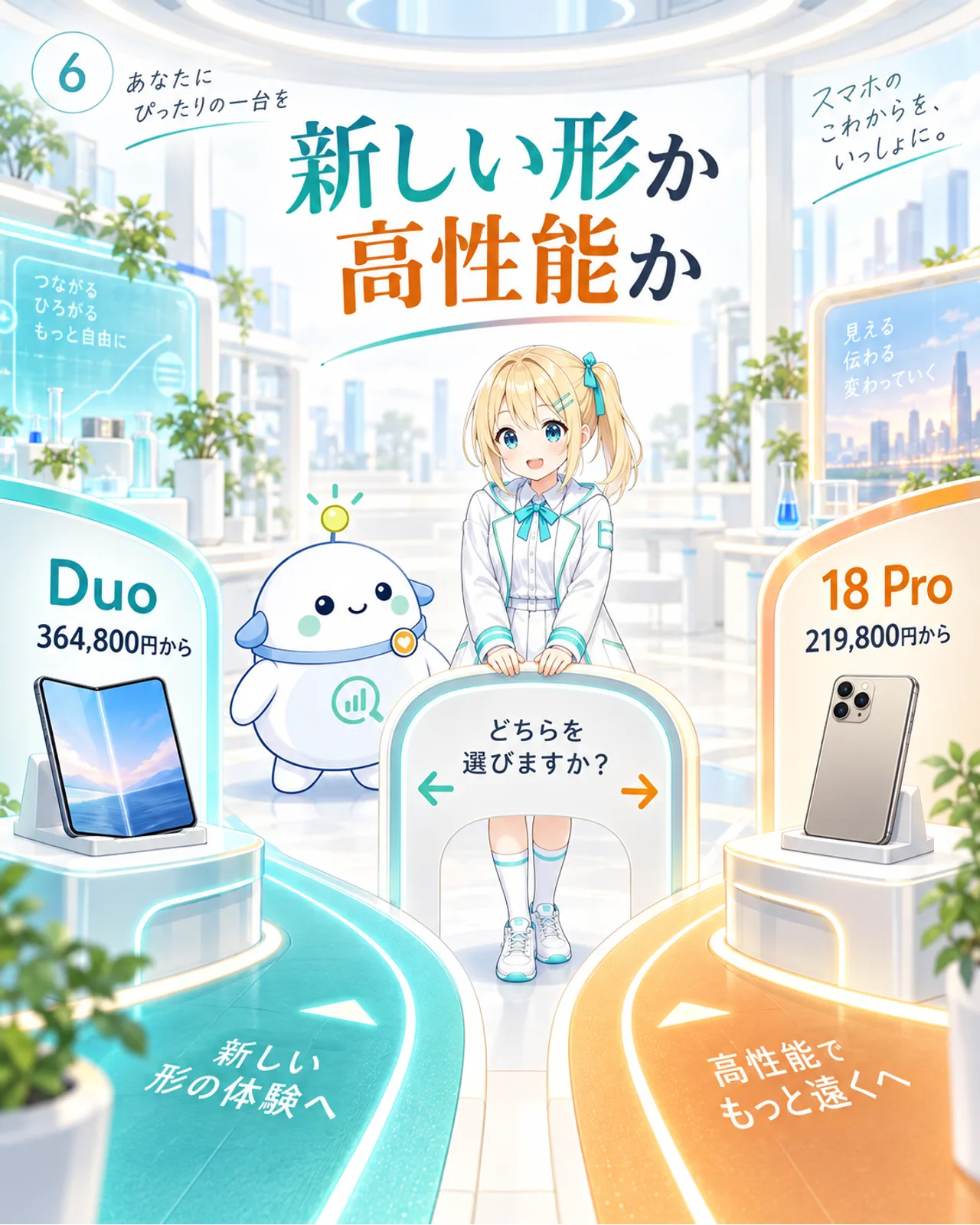 iPhone Duoは364,800円から、18 Proは219,800円からで、新しい形か高性能かを比べる図解