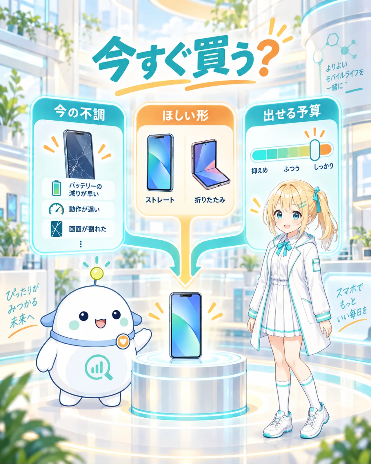 今の端末の不調、ほしい形、出せる予算の3軸から今すぐ買うか判断する図解
