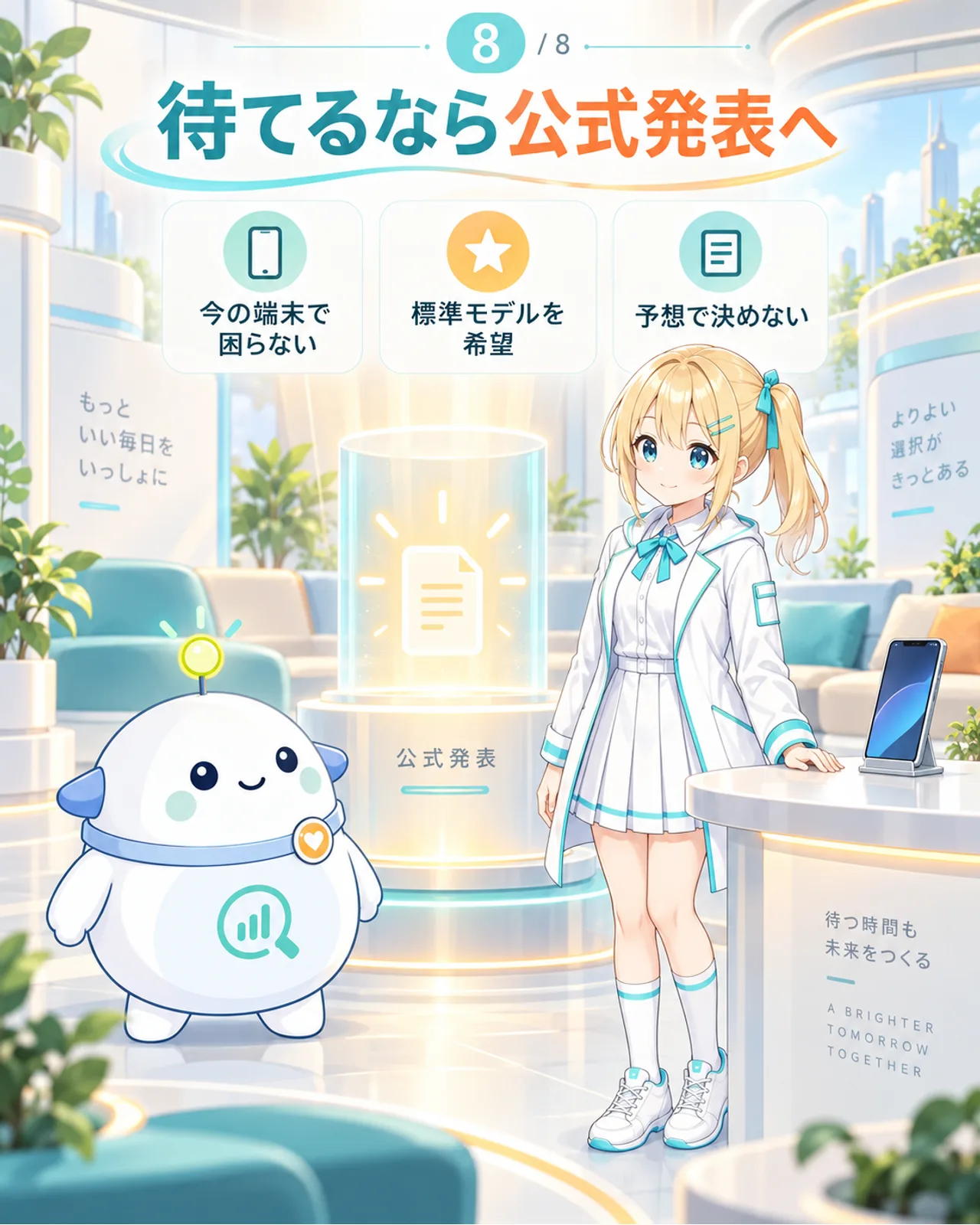 今の端末で困らず標準モデルを希望し、予想で決めない人は公式発表を待てると示す図解