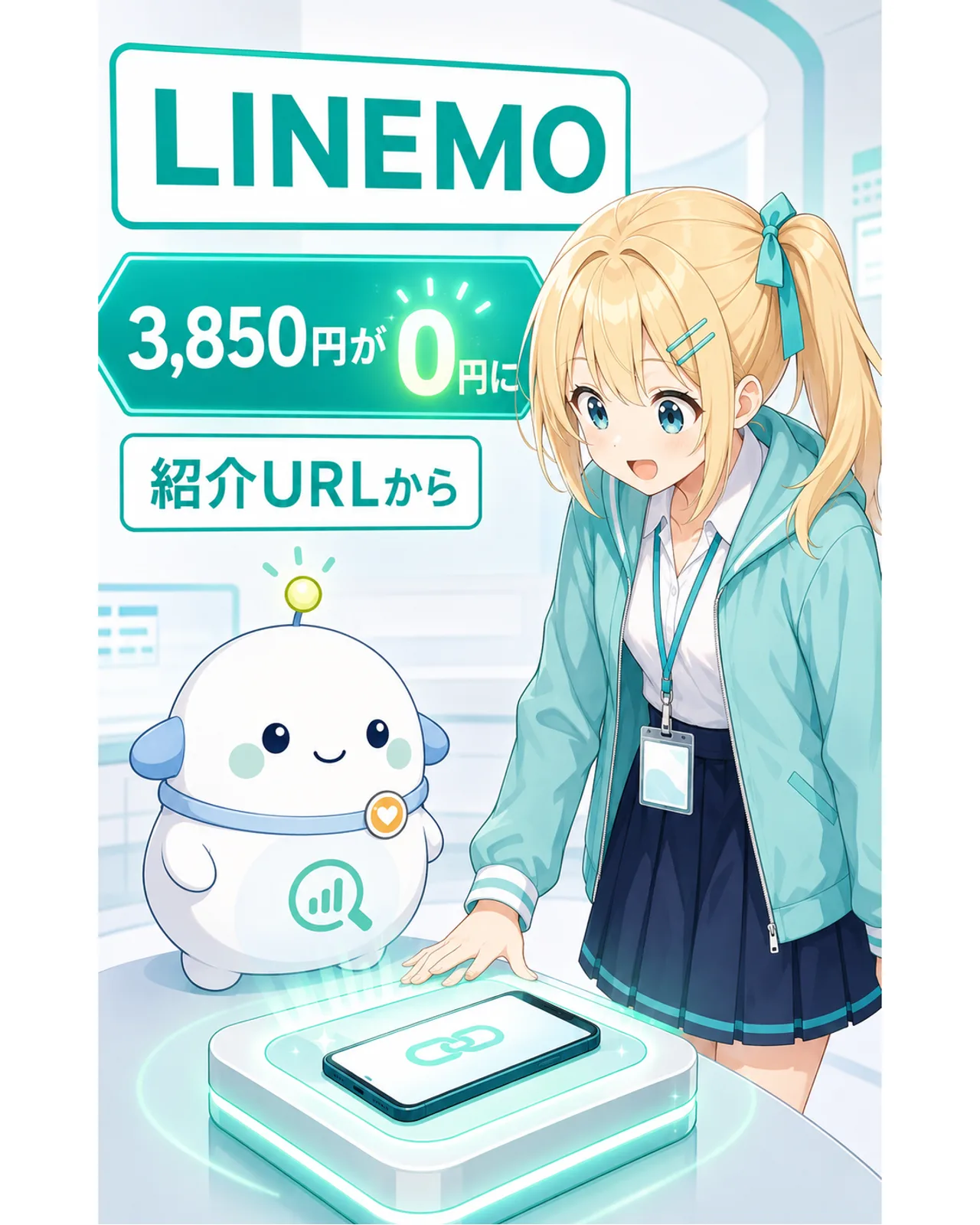 LINEMOへの乗り換えで契約事務手数料3,850円が0円になり、紹介URLから申し込むことを示す図解
